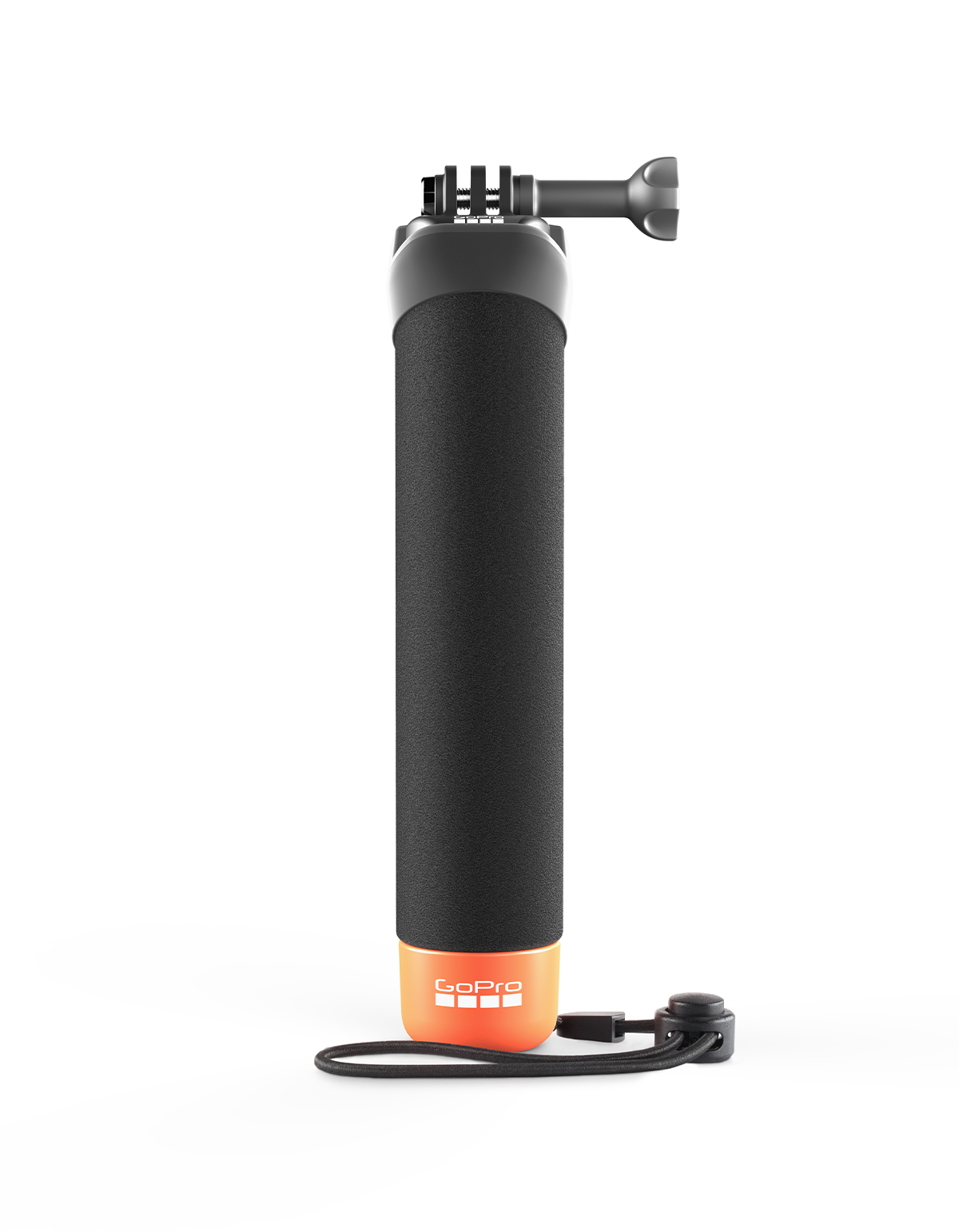 Ein schwarzer GoPro Handgriff mit orangefarbener Basis und Lanyard.