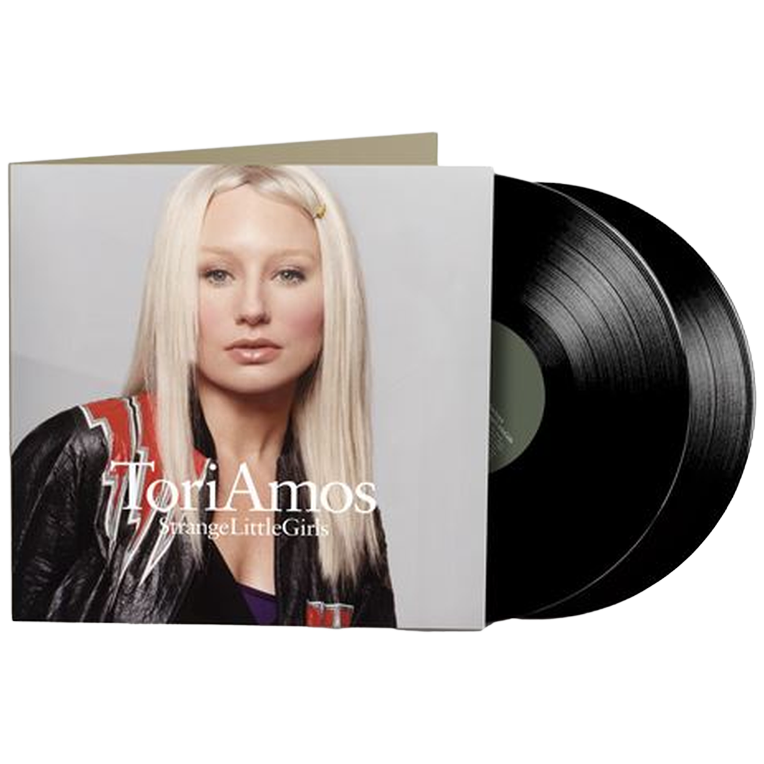 Tori Amos avec pochette d'album et deux disques vinyles noirs.