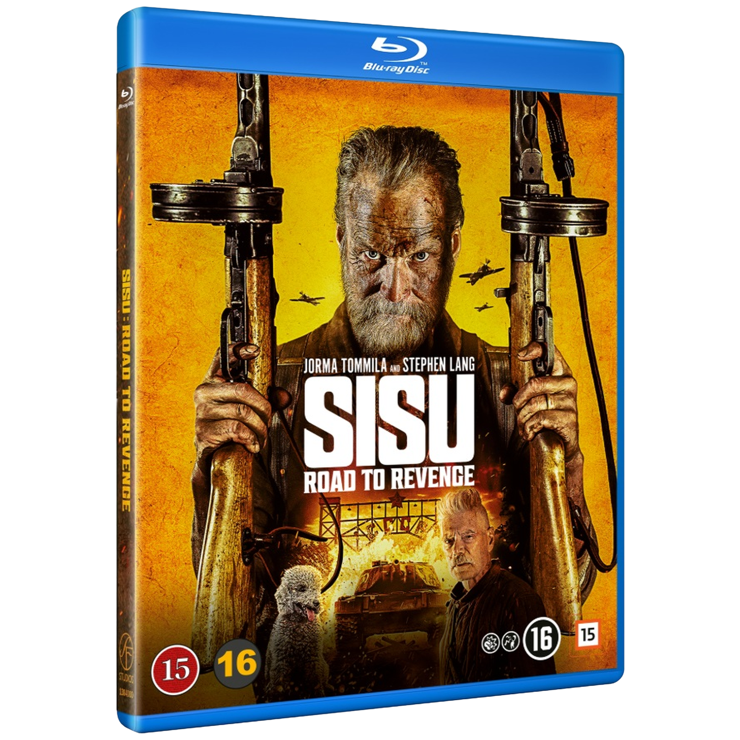 Boîtier Blu-ray : Un homme avec des fusils, un chien, un char, des avions. Fond jaune.