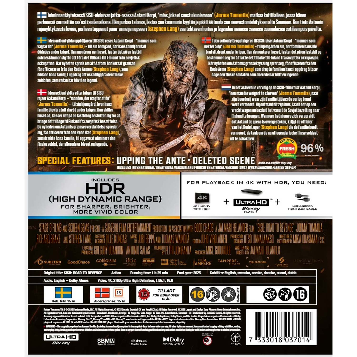 Affiche du film SISU: Road to Revenge avec un homme tenant une hache et du texte.