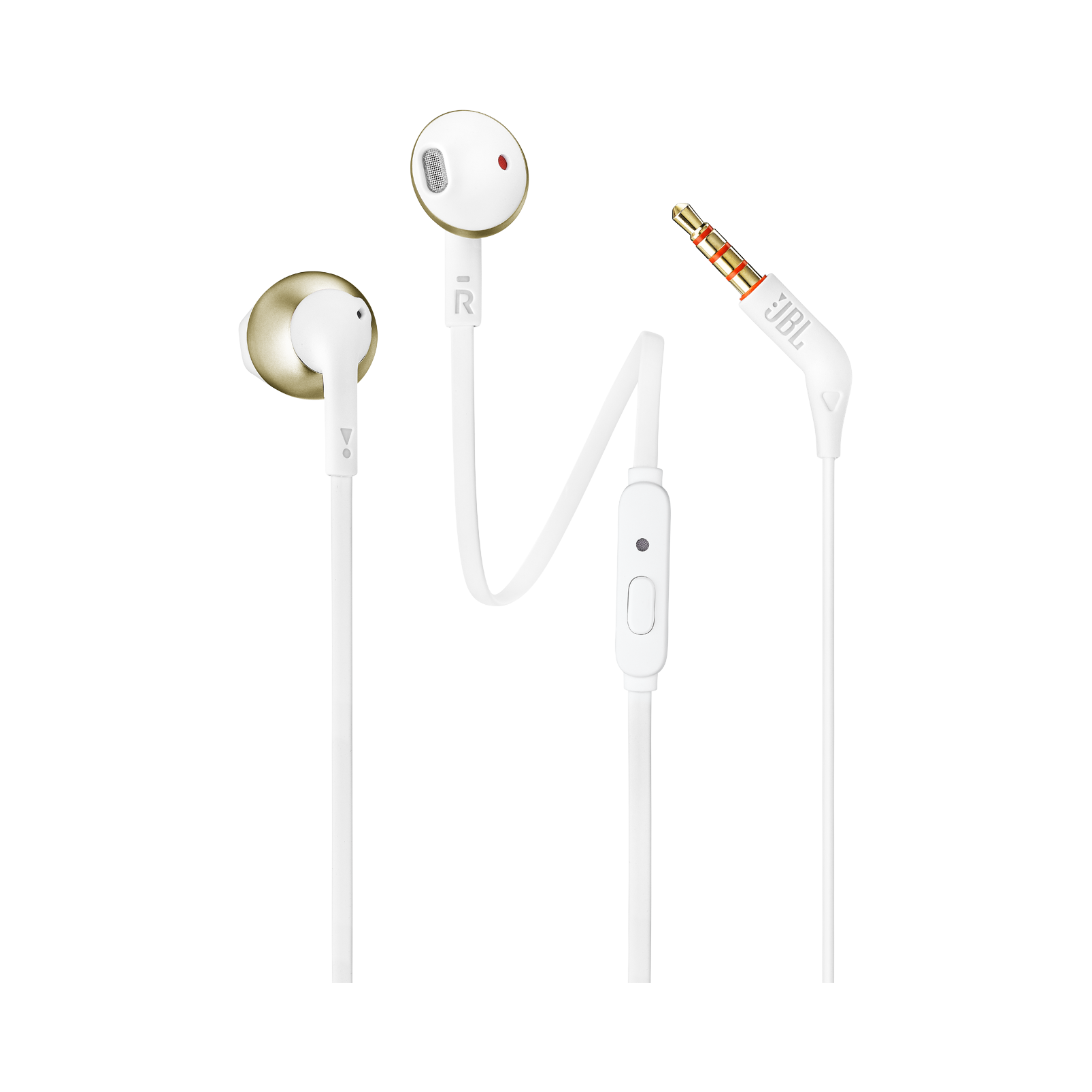 Altın vurgulu beyaz kulak içi kulaklık ve JBL fişi.
