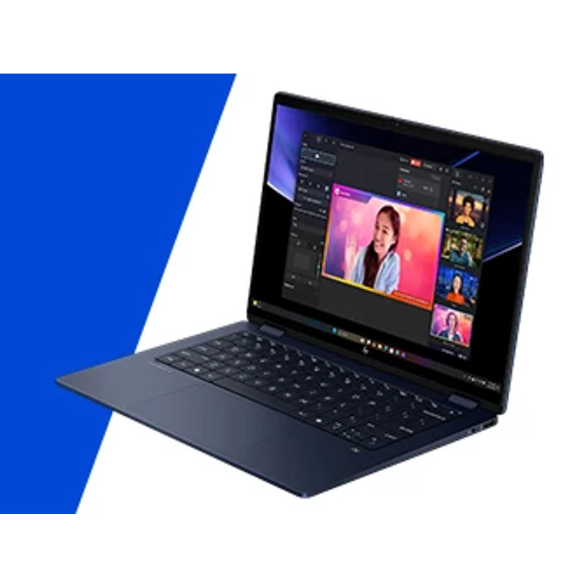 Otwarty ciemnoniebieski laptop wyświetla rozmowę wideo z pięcioma osobami.