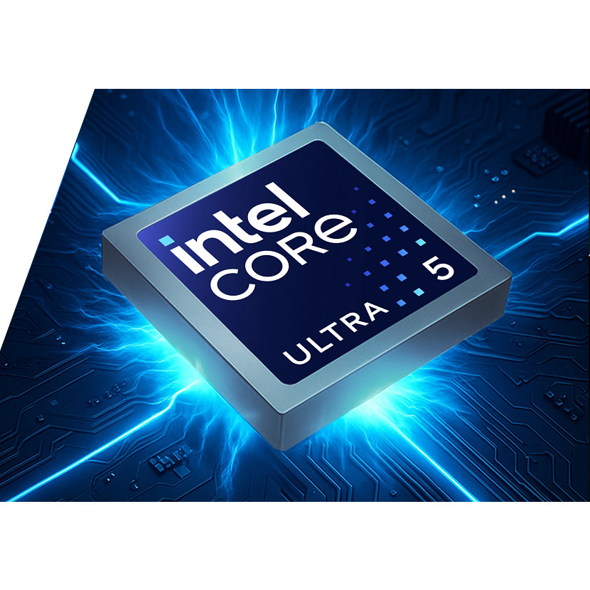 Procesor Intel Core Ultra 5 na płycie obwodów z niebieskimi efektami świetlnymi.