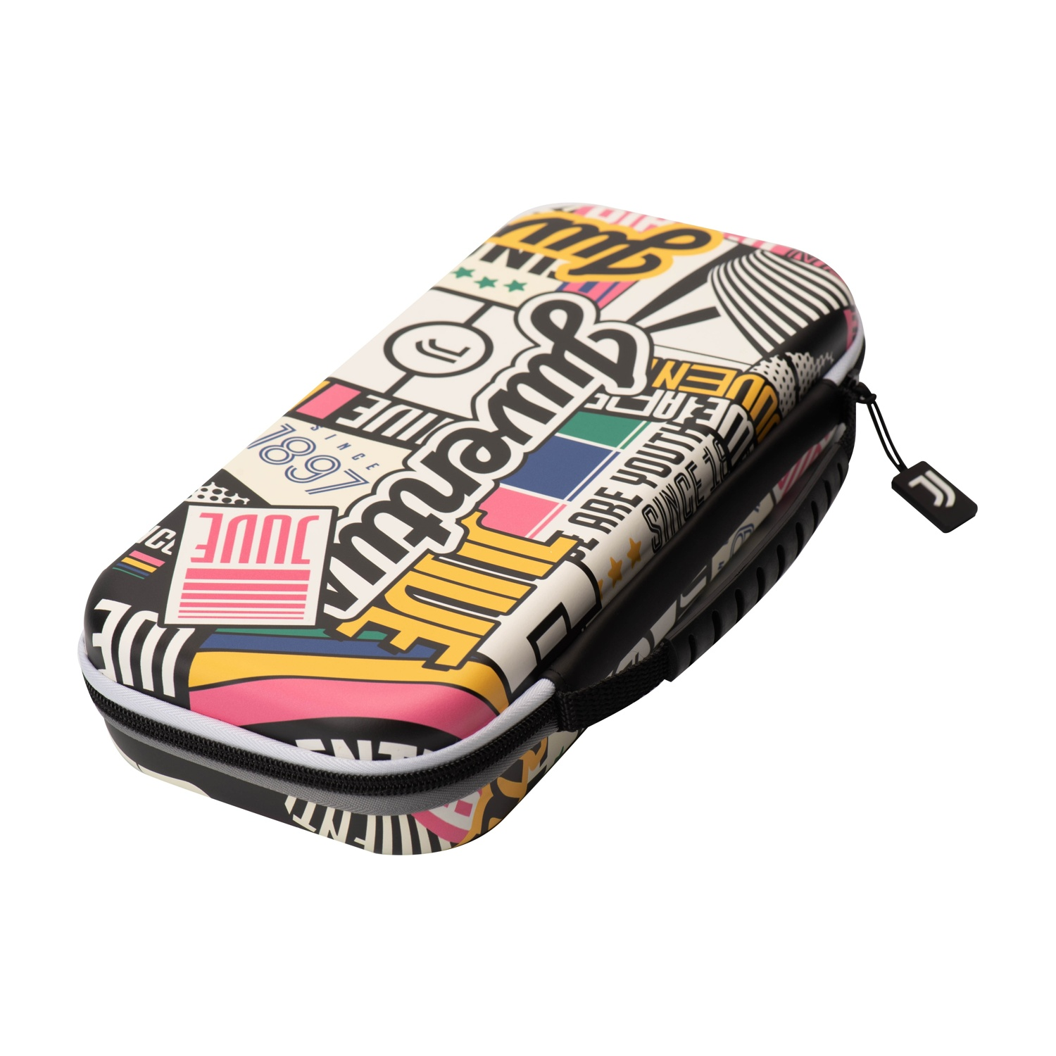 Una custodia con zip colorata con scritte e grafiche.