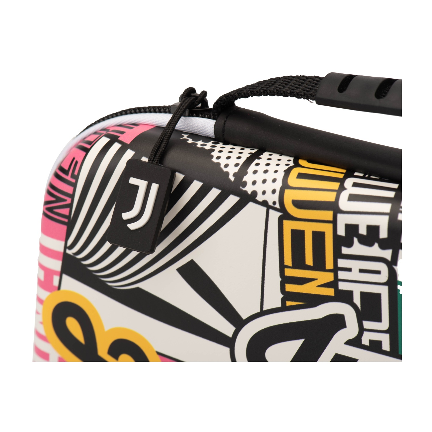 Borsa colorata Juventus con zip nera e etichetta logo.