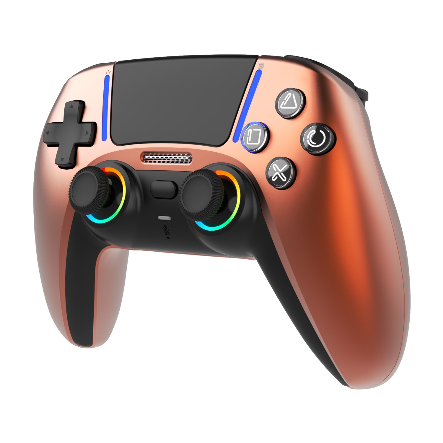 Un controller di gioco color rame con accenti neri e luci LED colorate.