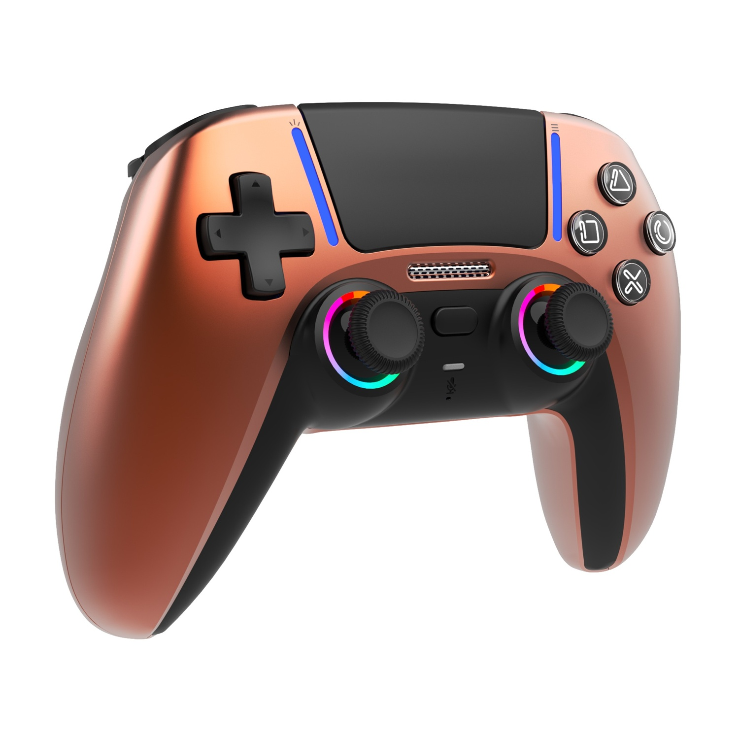 Un controller da gioco color rame con accenti neri e illuminazione RGB.