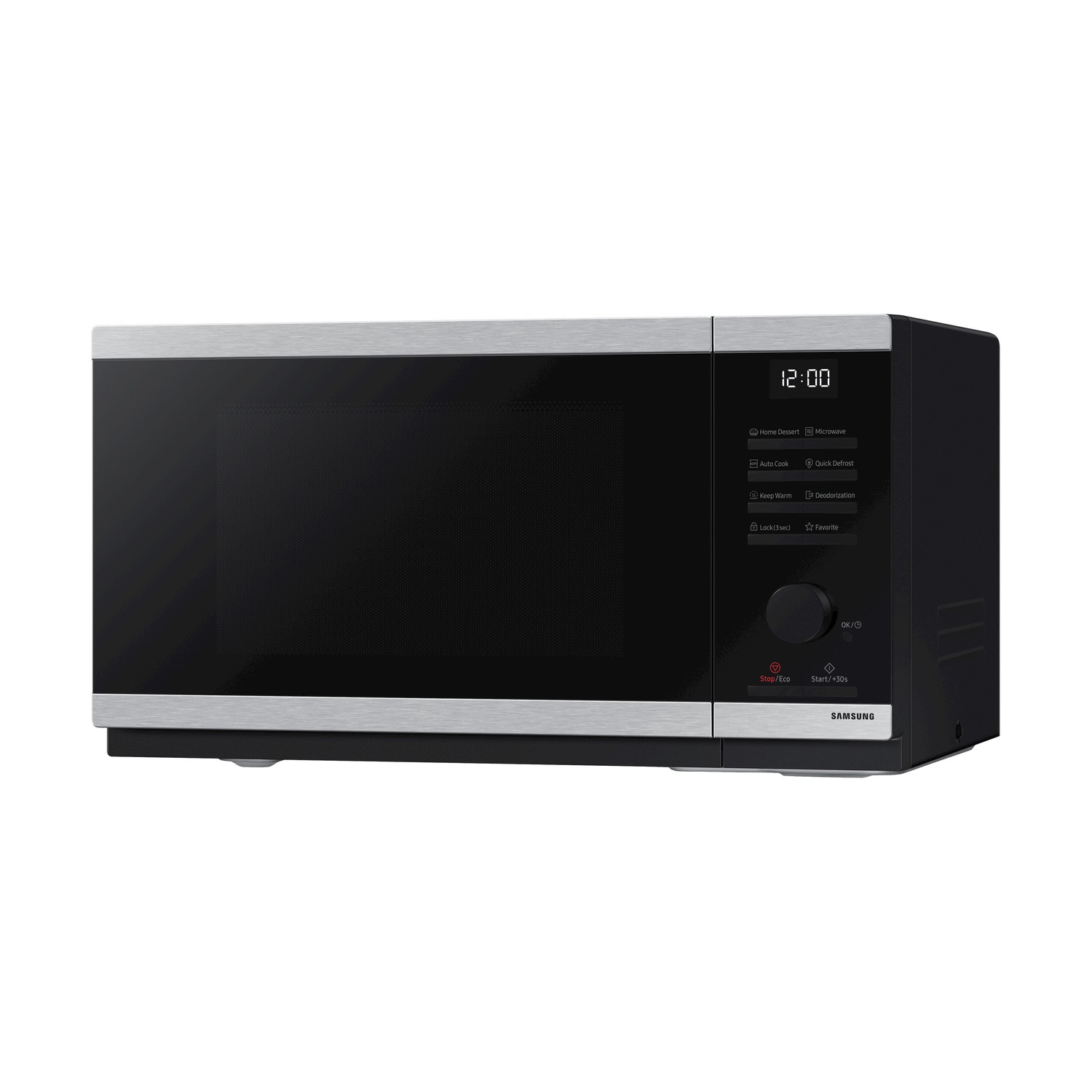 Forno a microonde nero con finiture argentate e display digitale. Pulsanti etichettati.