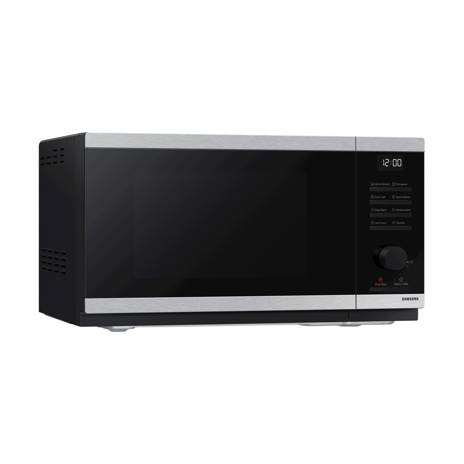 Microonde nero con accenti argentati e display digitale che mostra 12:00.