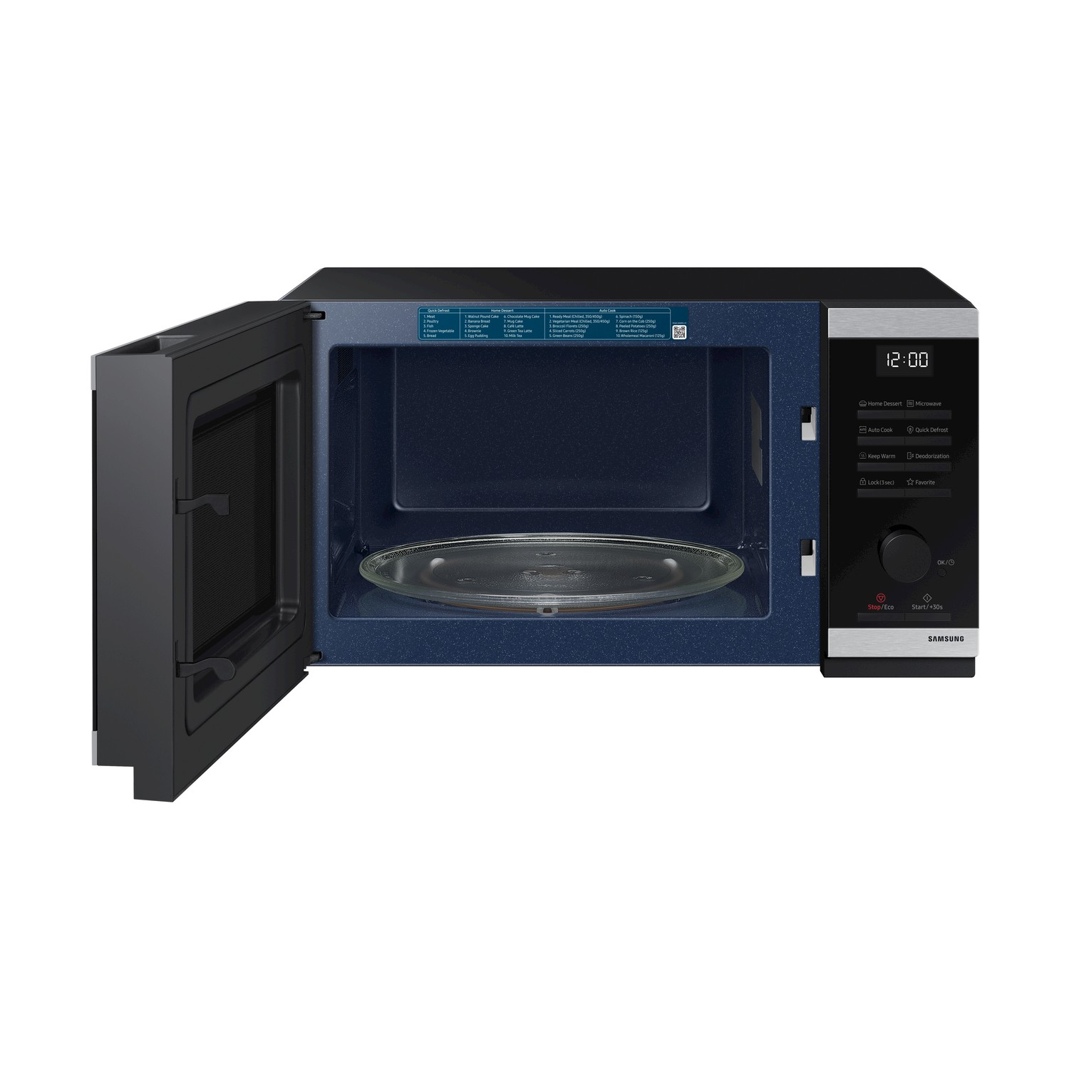Un microonde Samsung aperto con porta nera e finiture argentate.