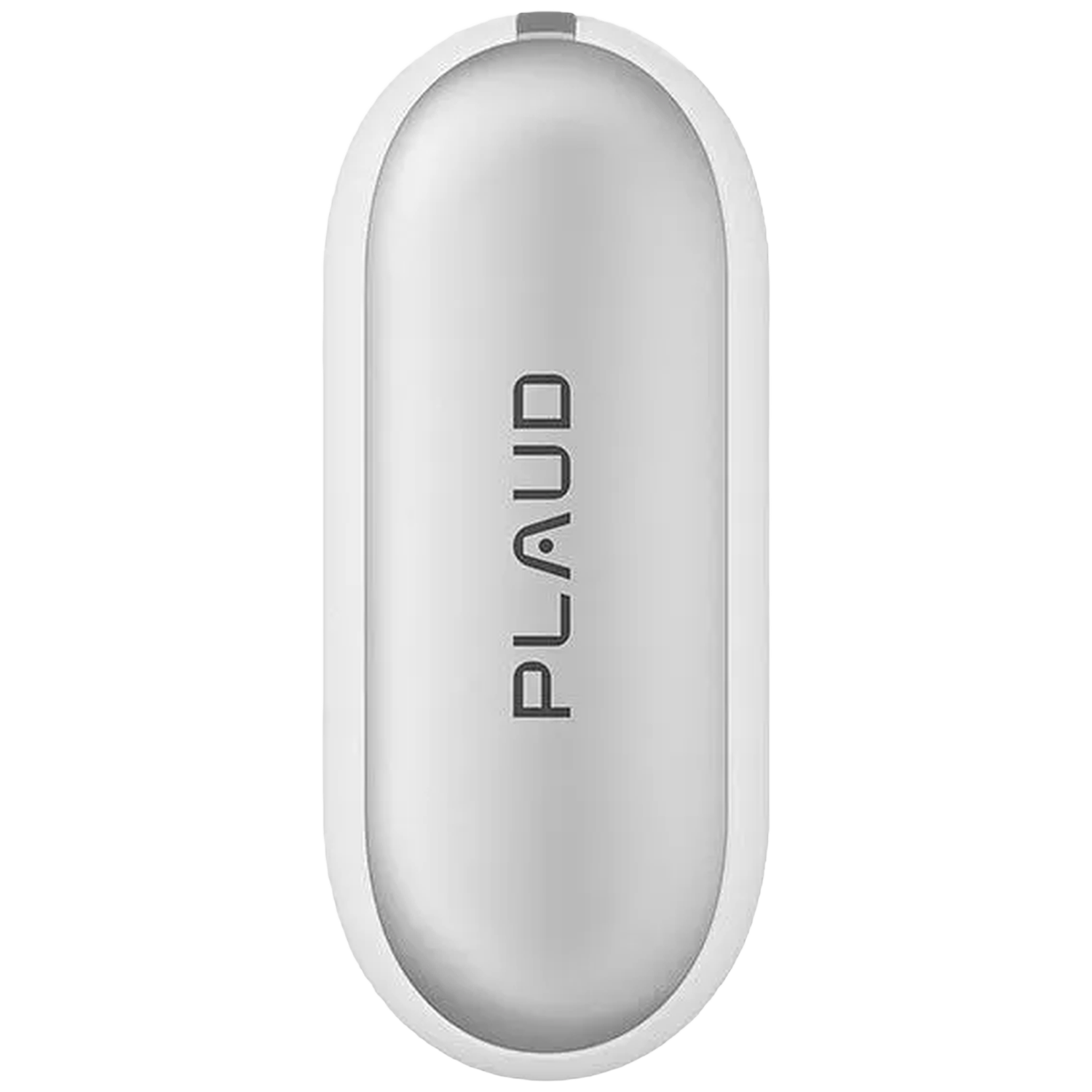 Een wit, capsulevormig apparaat met de tekst PLAUD.