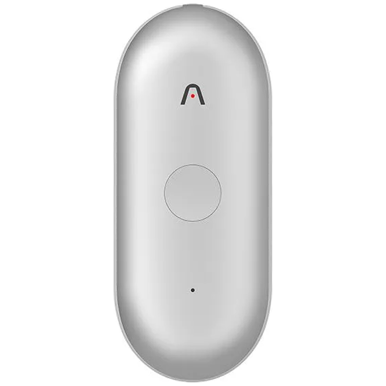 Een zilveren ovale controller met een zwart 'A'-symbool en een rood puntje.
