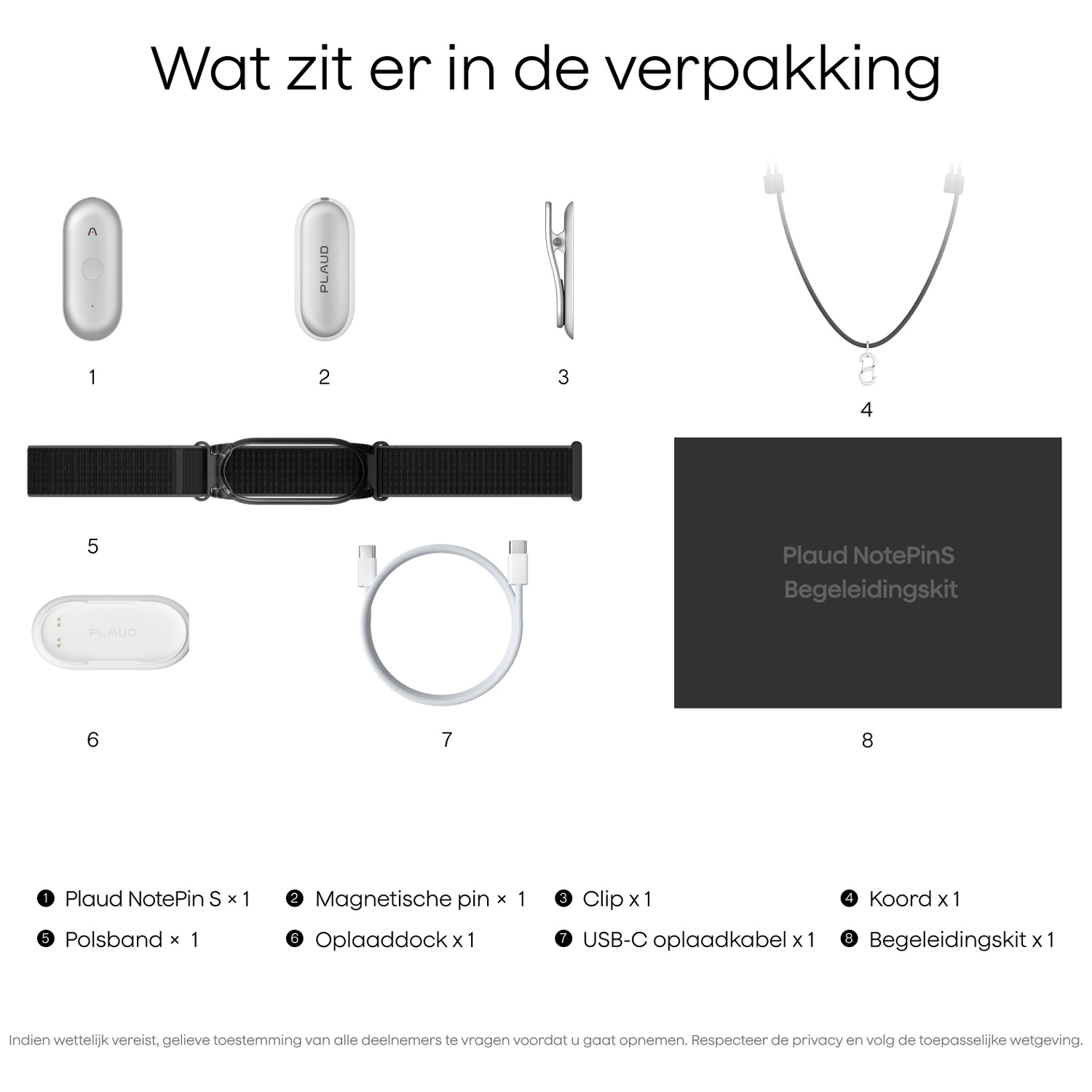 Inhoud van de verpakking: 8 items waaronder een clip, een band, oplaadkabel.