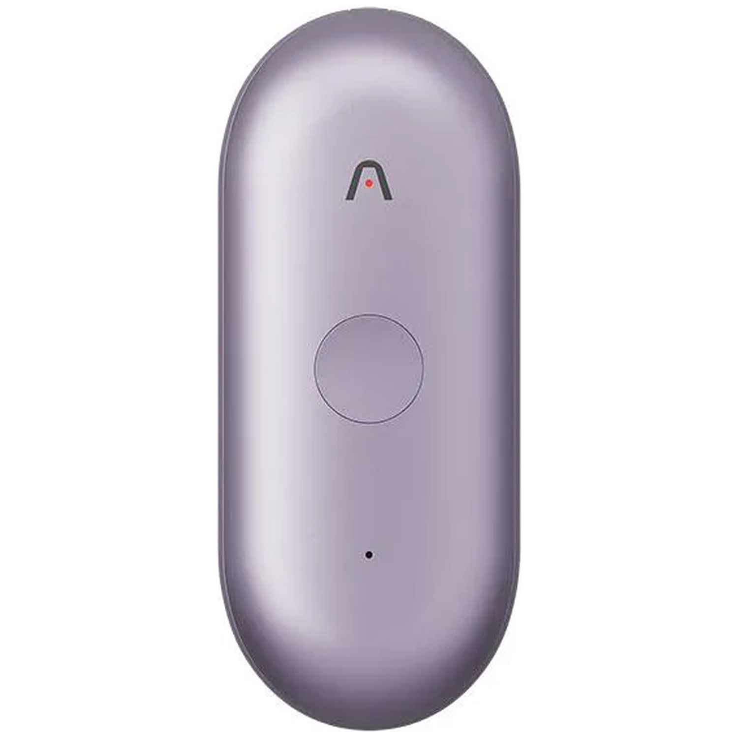 Een paarse, ovale klikker met een zwart 'A'-symbool en een rood puntje.