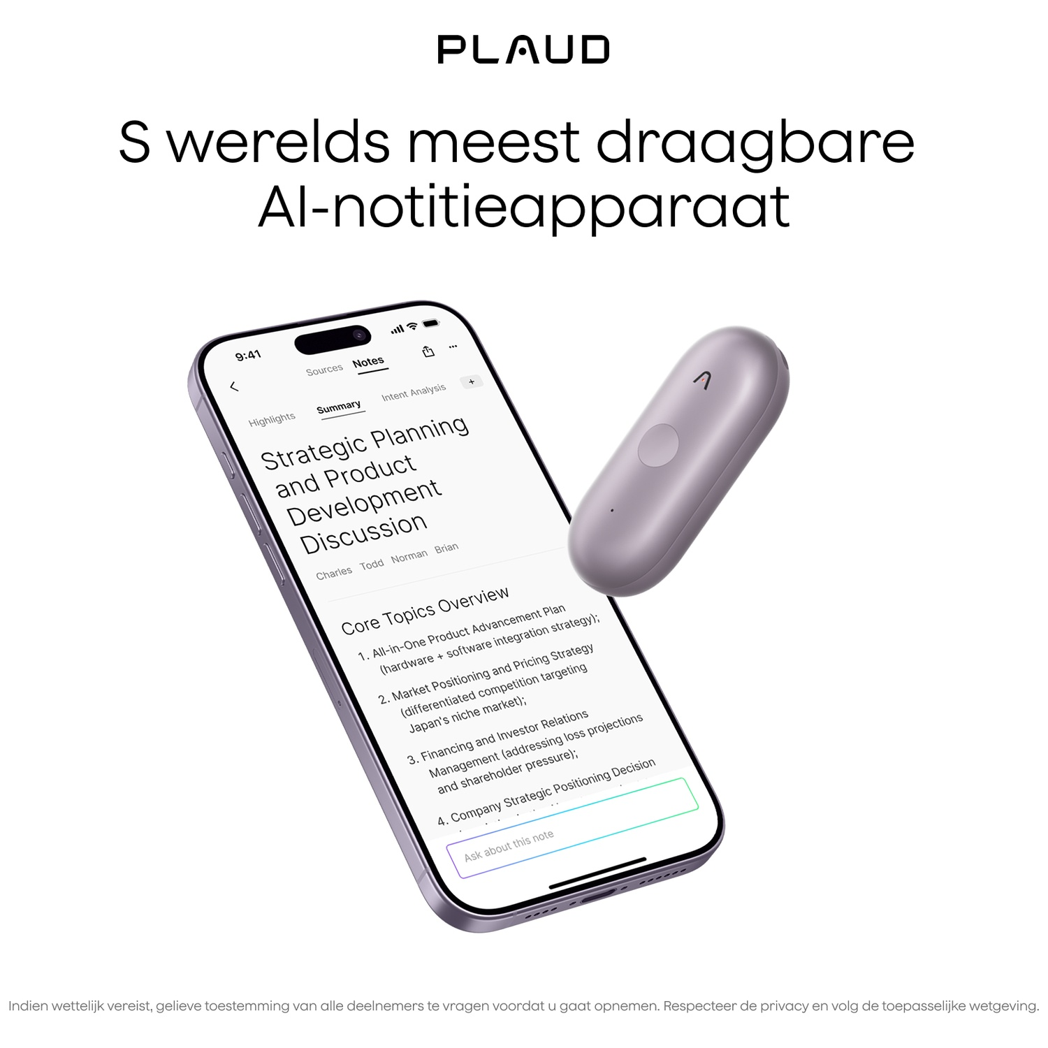 Een smartphone toont een notitie-app met strategische planning. Een grijze AI-pen ernaast.