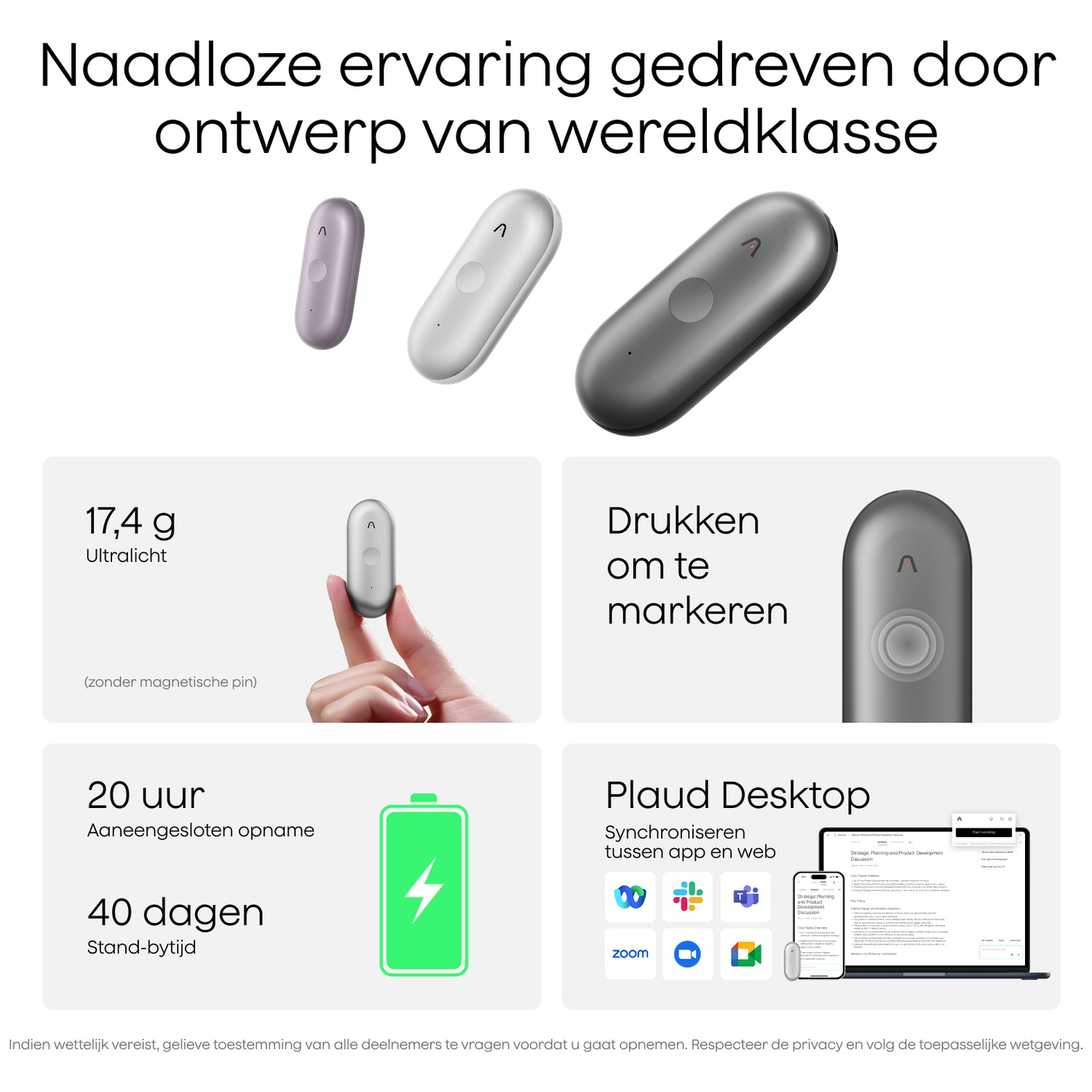 Drie pennen in paars, wit en grijs, met details over gewicht, batterijduur en desktop synchronisatie.