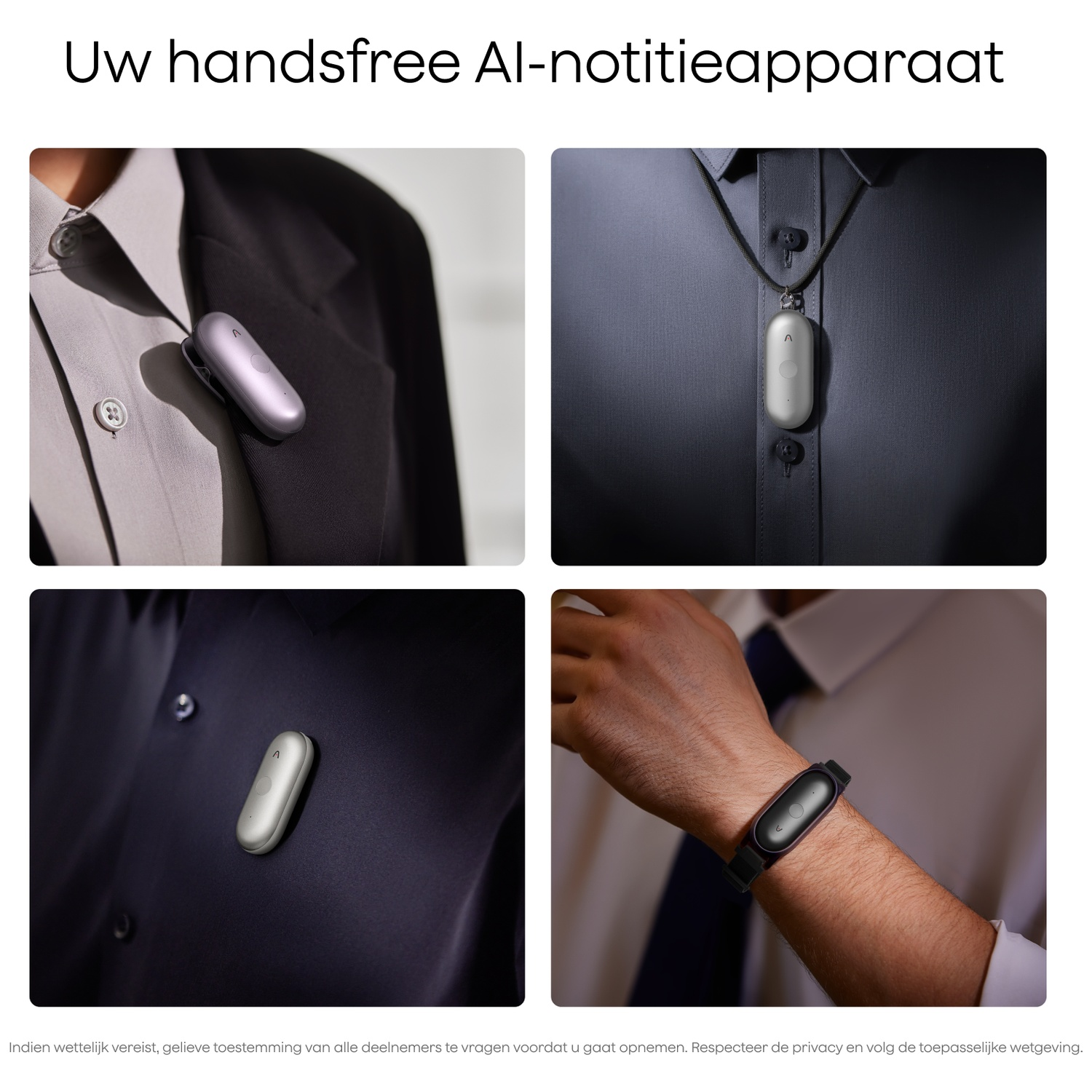 Een grijs apparaat op een colbertkraag en een op een ketting.
