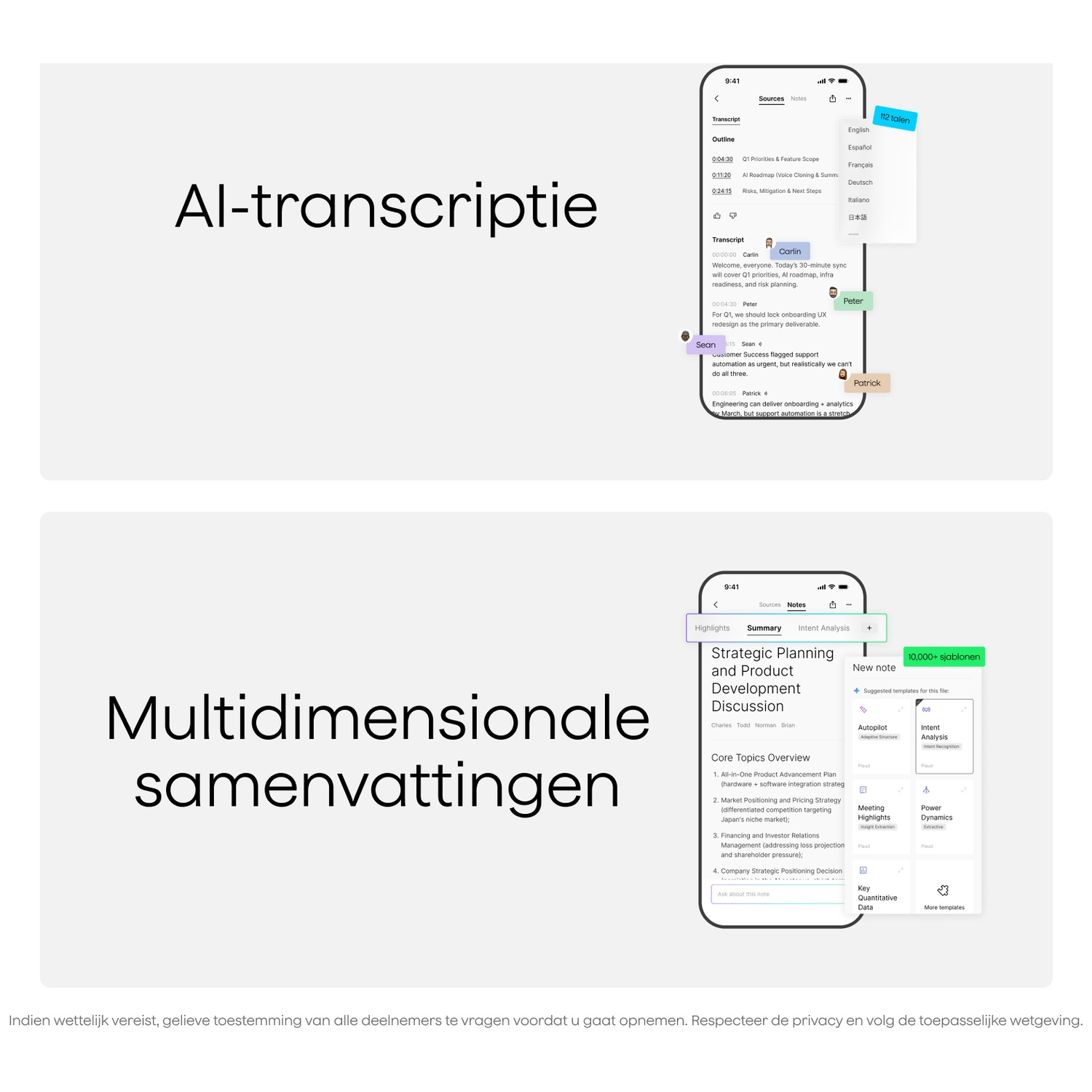 App-scherm met AI-transcriptie, sprekersprofielen en taalopties.