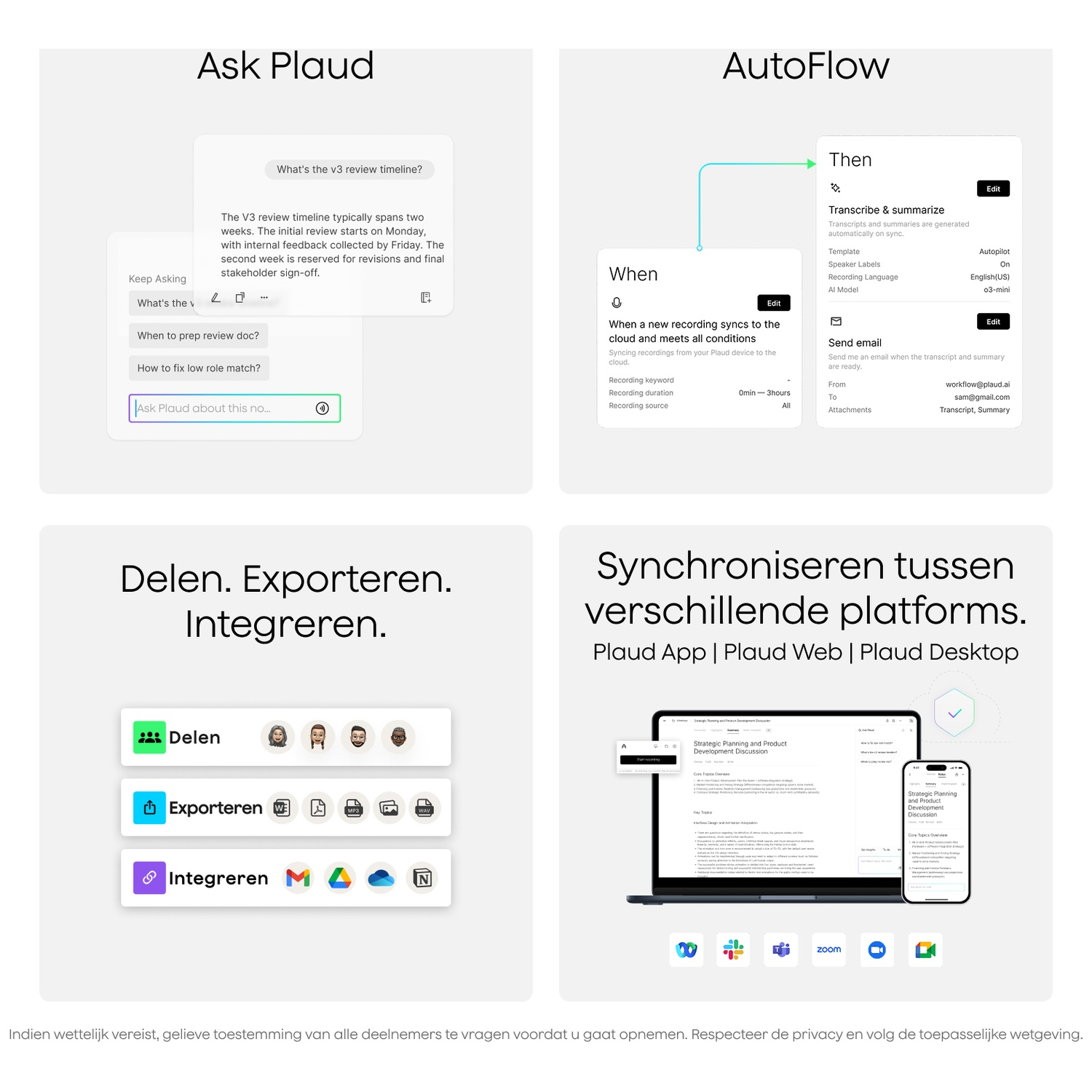 Mockups tonen de functies 'Ask Plaud', 'AutoFlow' en 'Delen, Exporteren, Integreren'.