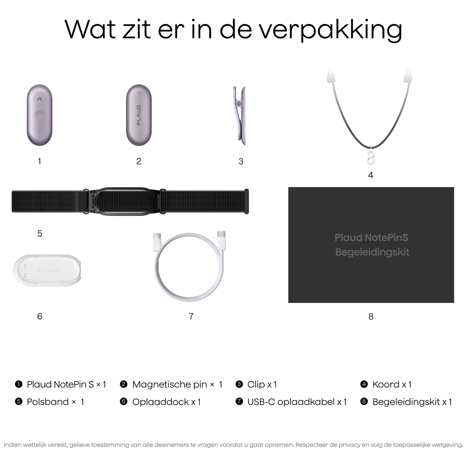 Inhoud van de verpakking: Paarse Plaud NotePin S, magneetpin, clip, koord, polsband, oplaaddock, USB-C kabel, gids.