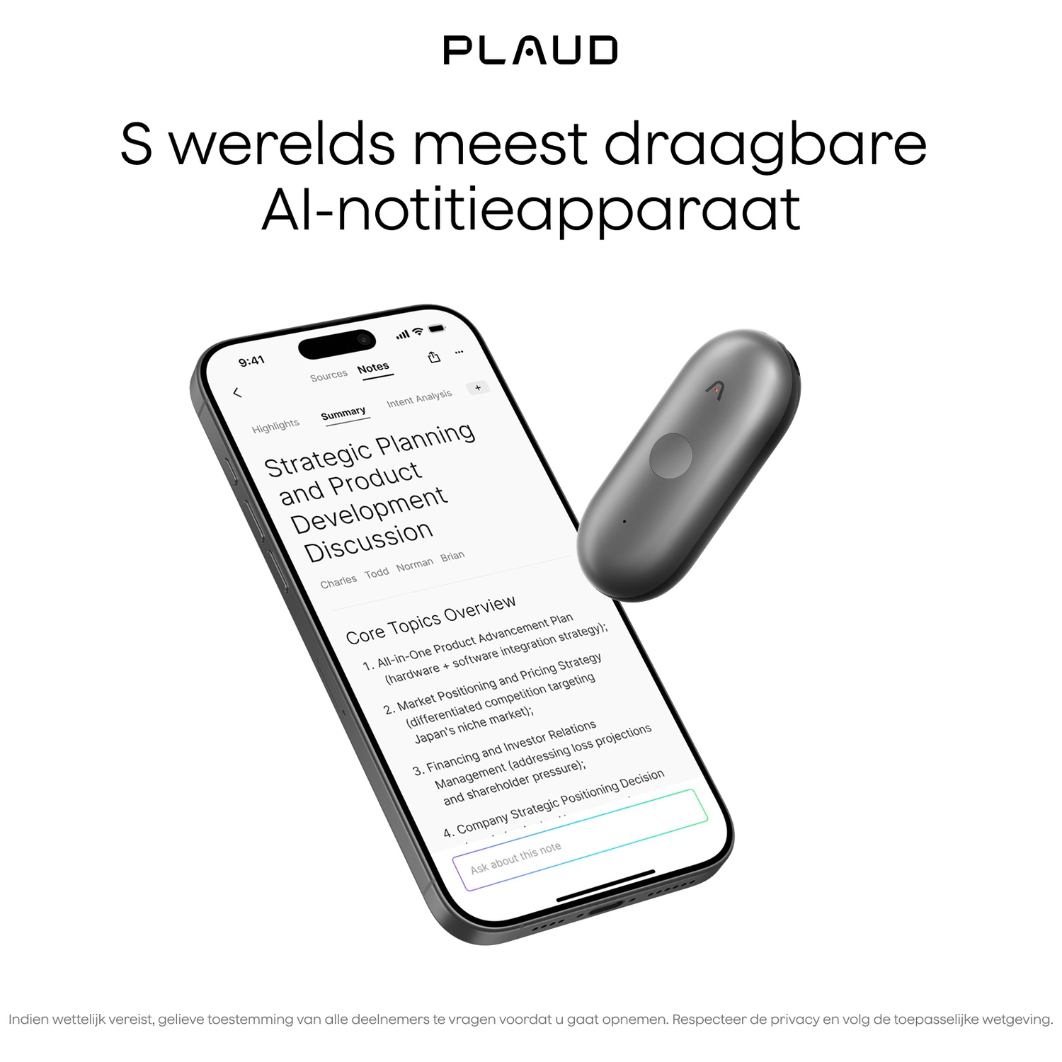 Een smartphone toont een notitieoverzicht met de titel "Strategic Planning". Een grijze AI-recorder ligt ernaast.