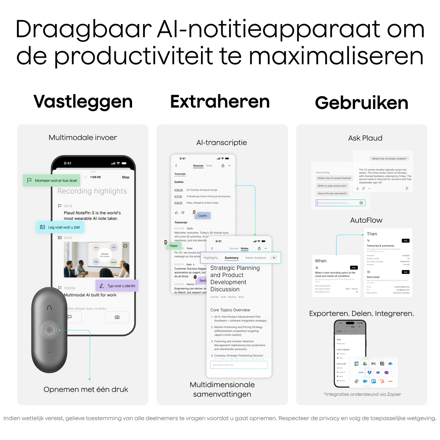 Drie schermen tonen AI-notitietaker functies: Opnemen, Extraheren en Gebruiken.