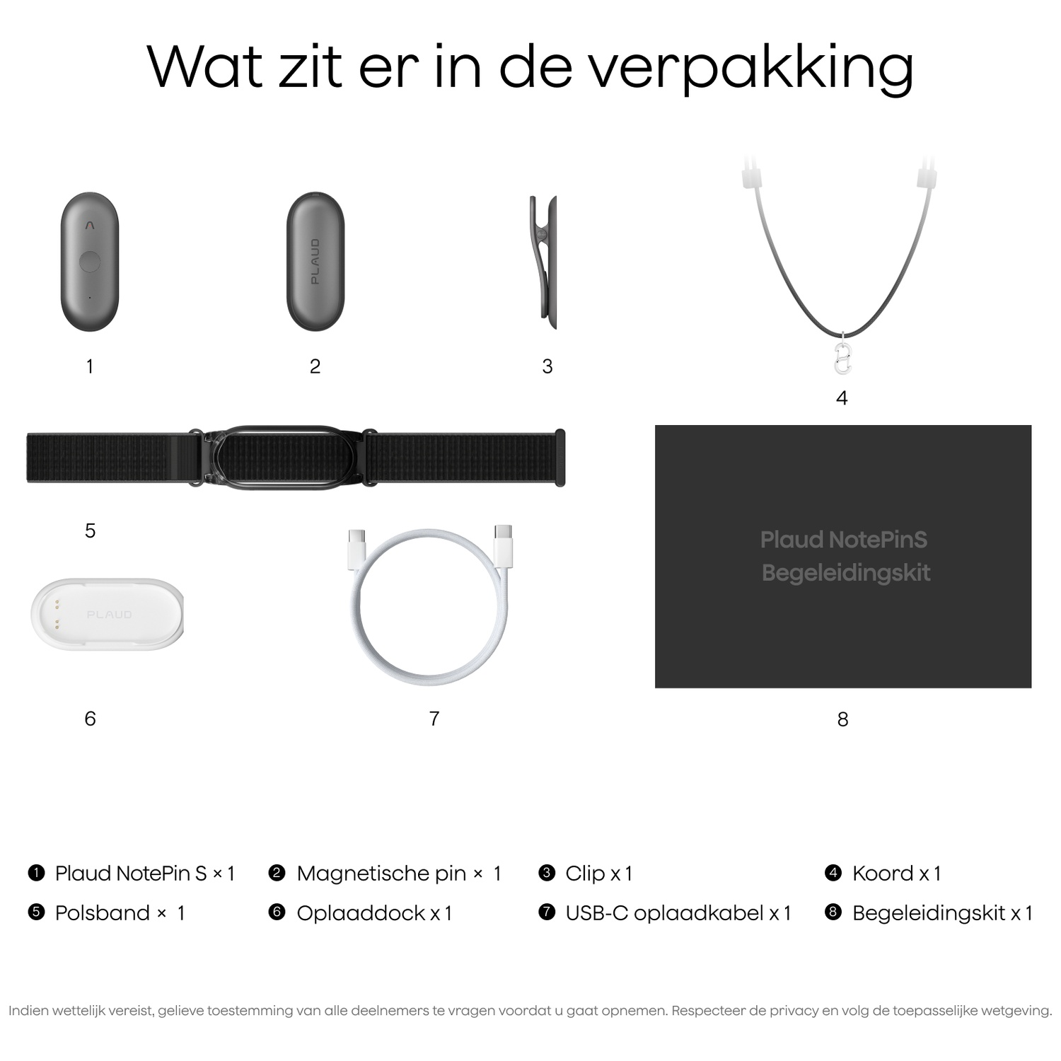 Inhoud van de verpakking: 2 Plaud NotePins, clip, band, oplaaddock, kabel, koord.