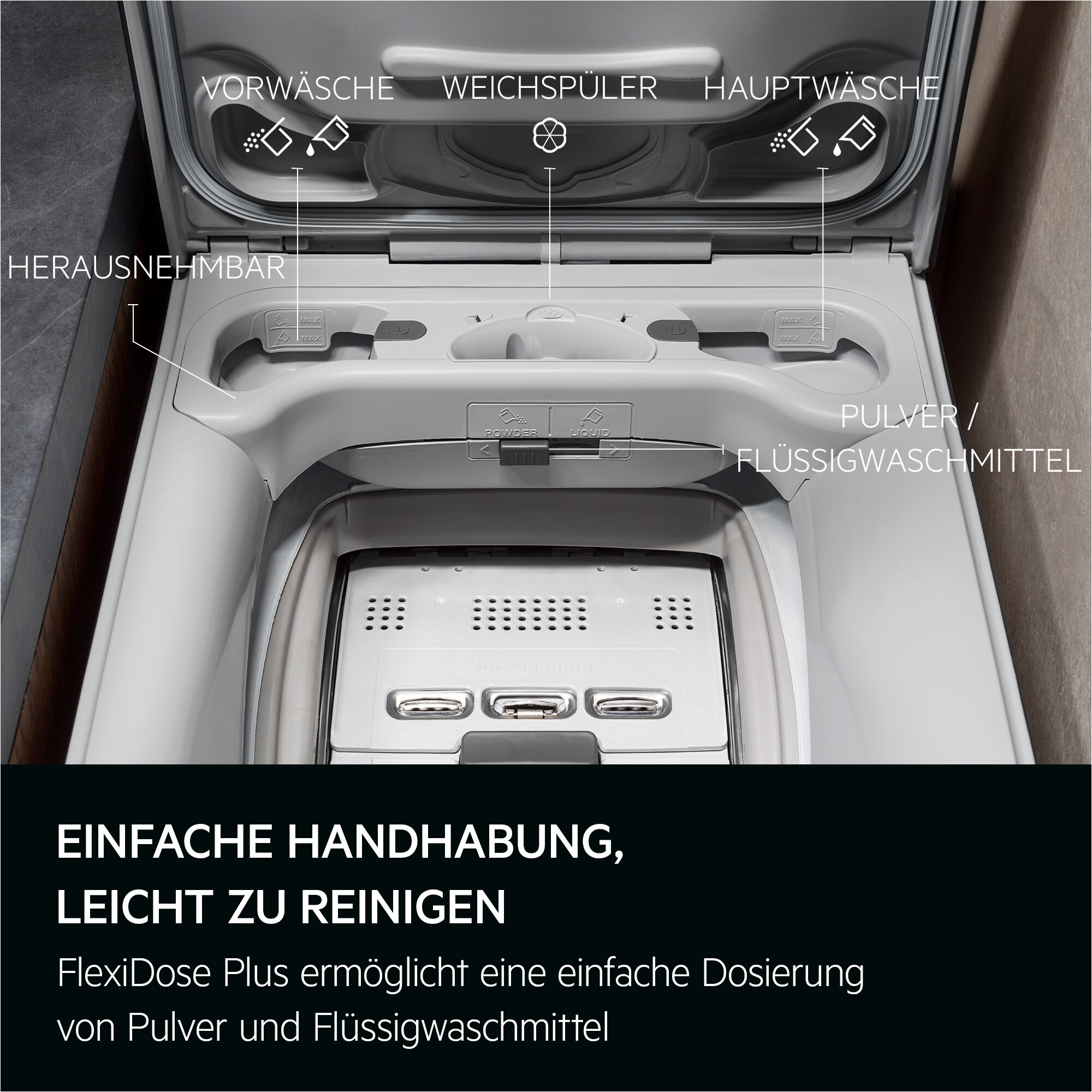 Eine Waschmaschine mit herausnehmbarem Waschmittelbehälter für Pulver oder Flüssigwaschmittel.