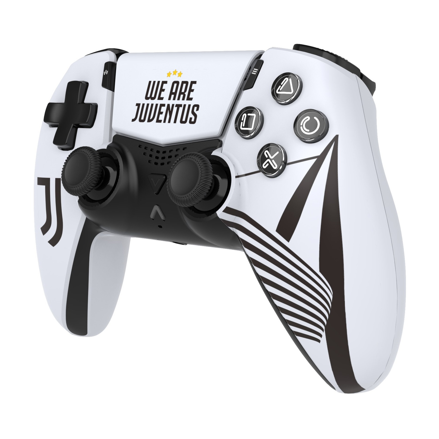 Un controller bianco con logo e scritte Juventus nere.