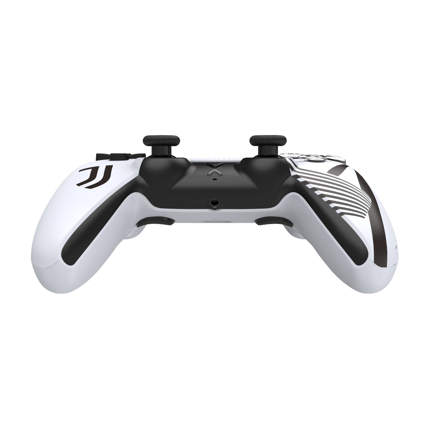 Un controller bianco con accenti neri e motivi a strisce.
