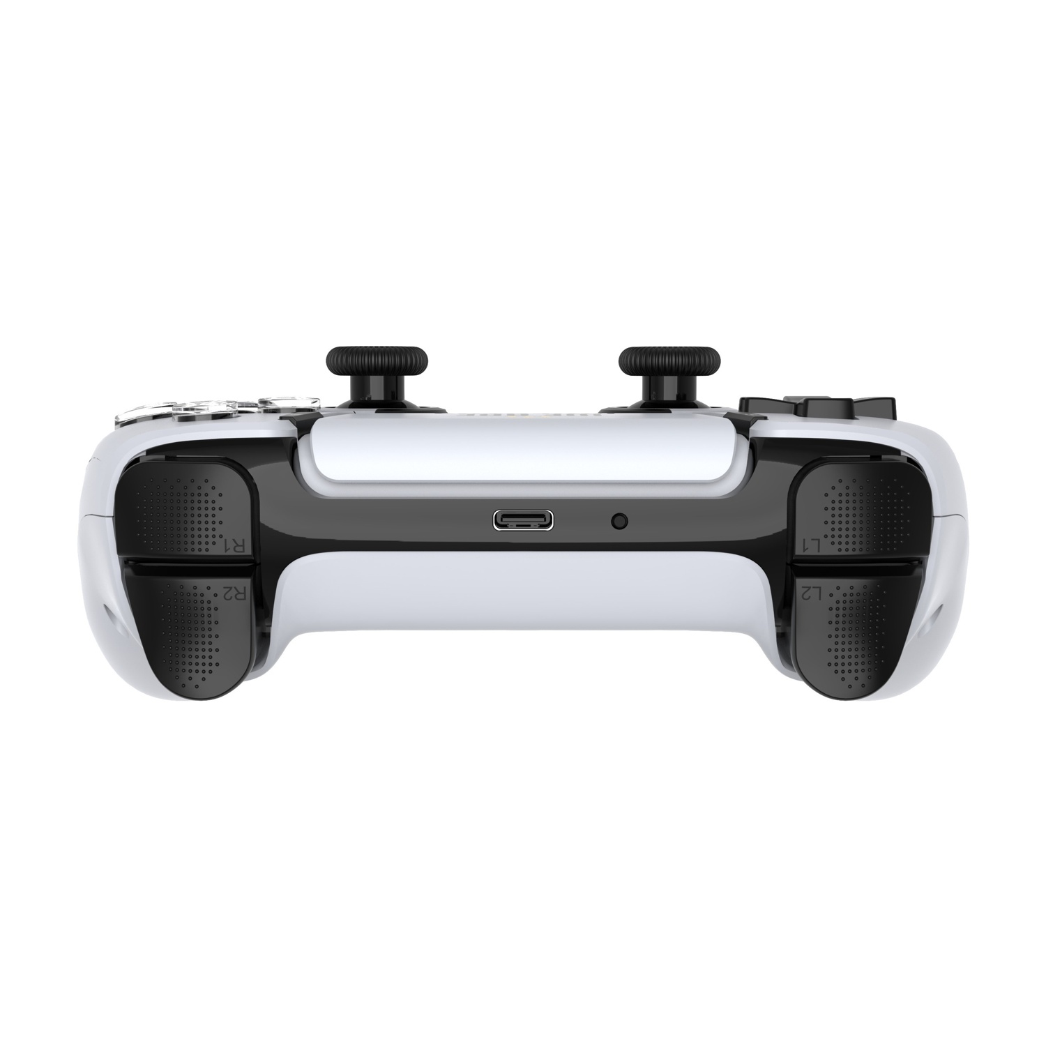 Un controller da gioco bianco e nero con due joystick e pulsanti.