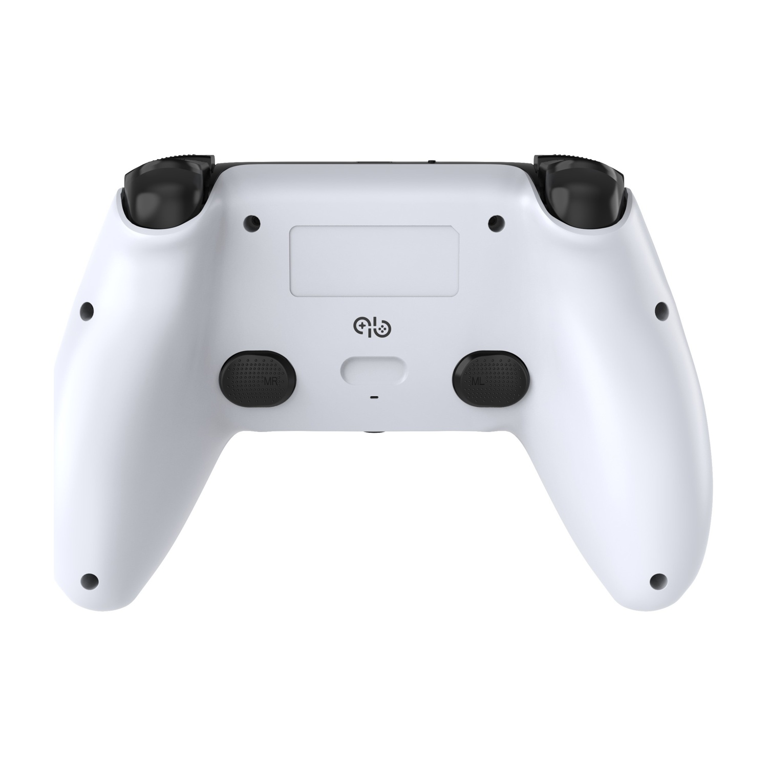 Retro di un controller bianco con pulsanti e logo neri.