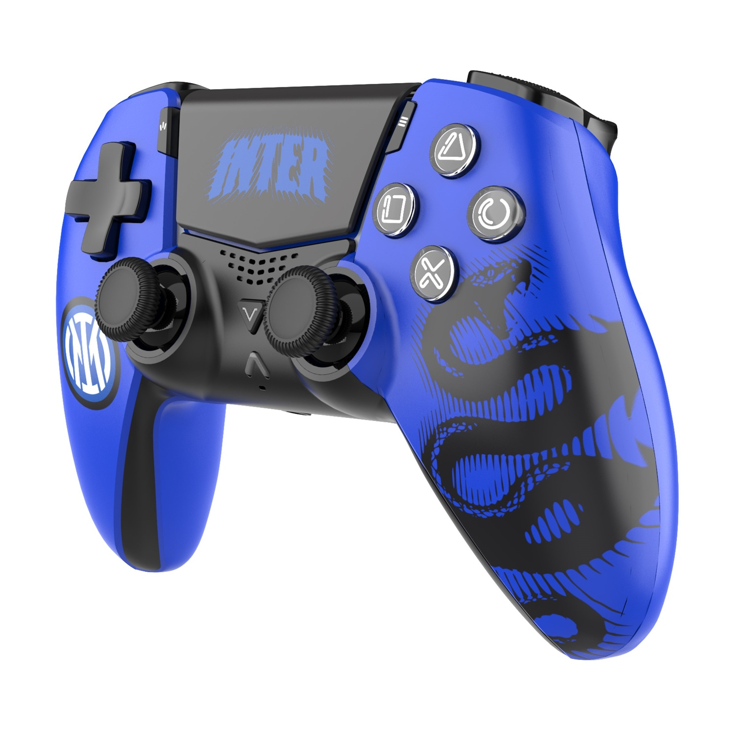 Controller da gioco blu con design a serpente nero e logo Inter.