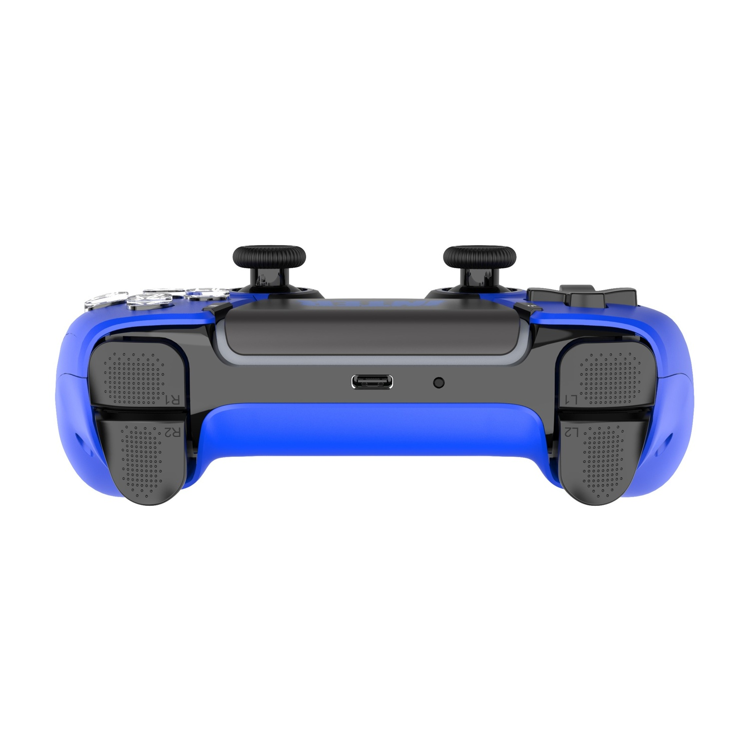 Un controller da gioco blu con stick e pulsanti neri.
