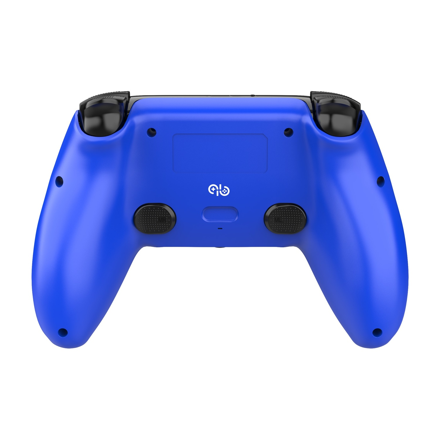 Un controller di gioco blu visto da dietro con pulsanti neri.