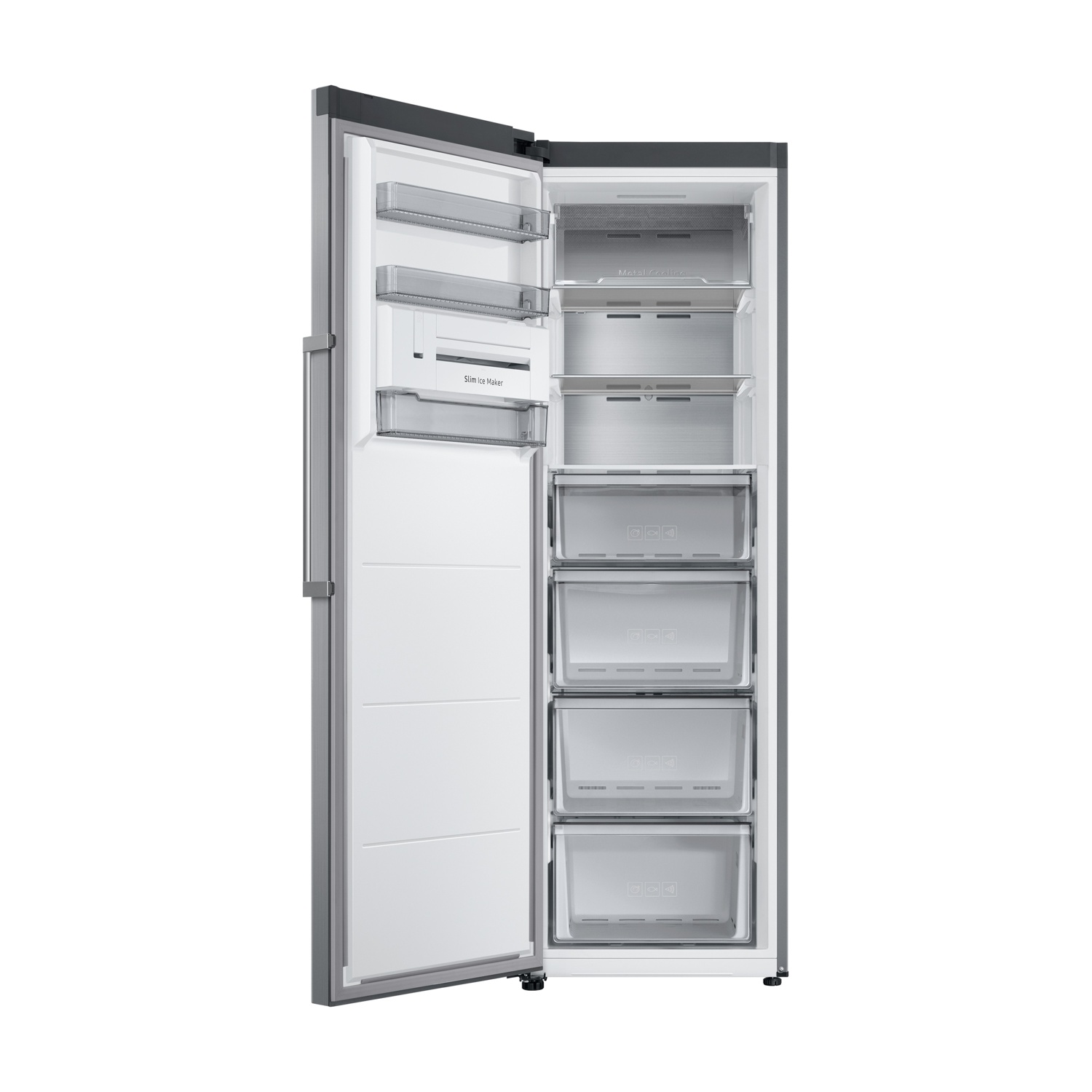 Frigorifero aperto con ripiani, cassetti e ice maker sottile.