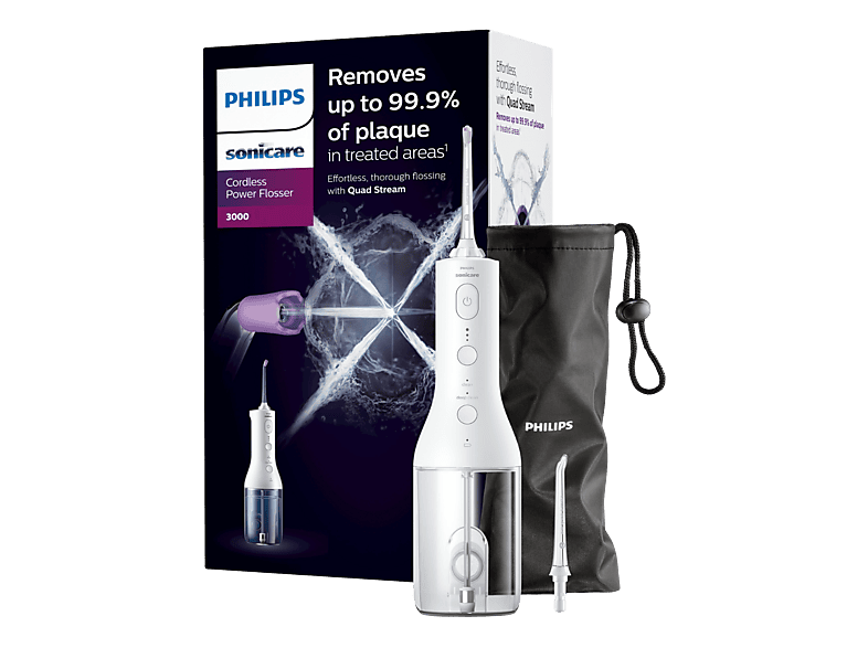 Irrigador - Philips HX3826/31, Tecnología Quad Stream, PulseWave, 2 modos 3 intensidades, Blanco
