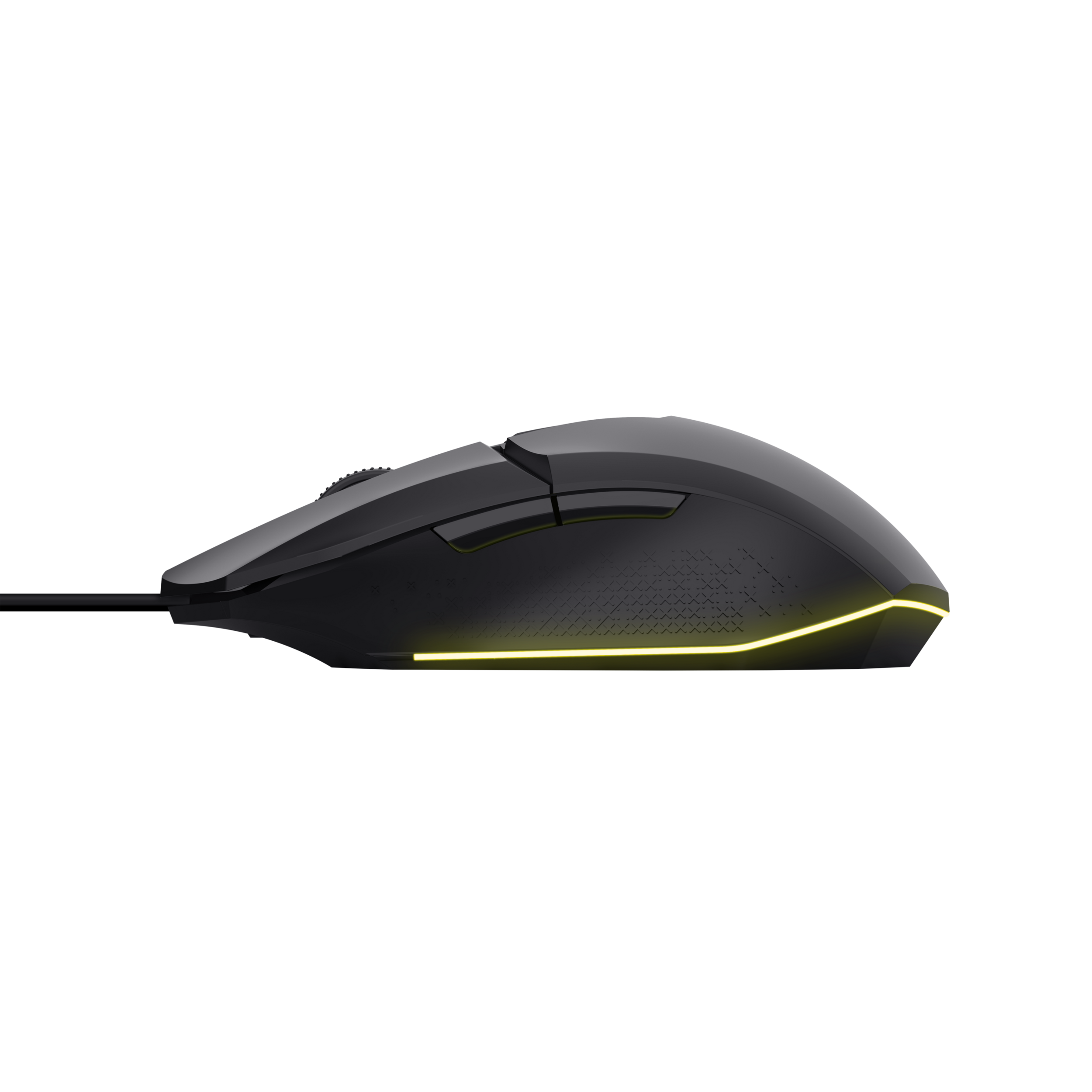 Schwarze Gaming-Maus mit gelber Beleuchtung, von der Seite gezeigt.