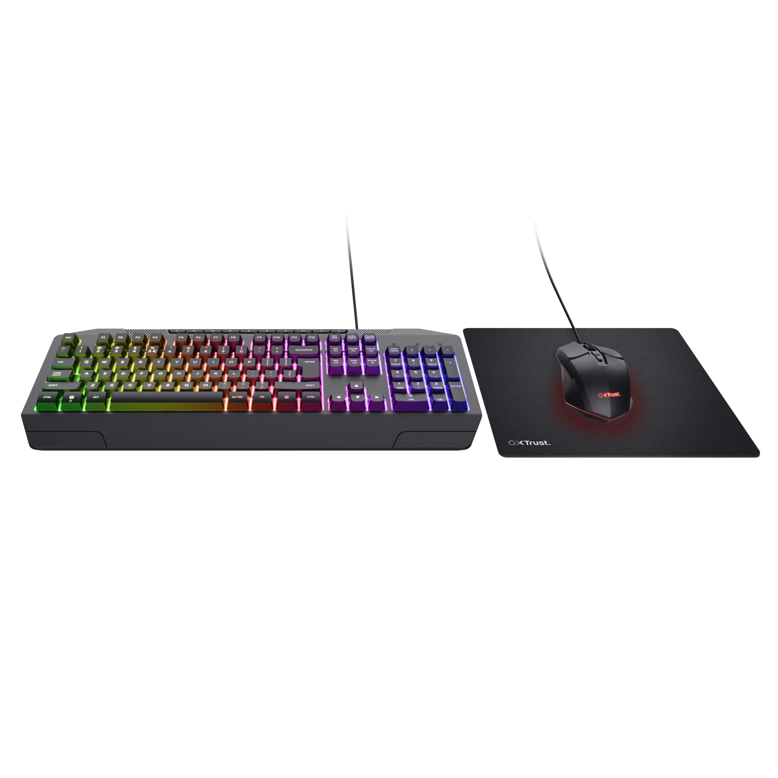 Eine Gaming-Tastatur und Maus mit bunter RGB-Beleuchtung auf schwarzem Hintergrund.
