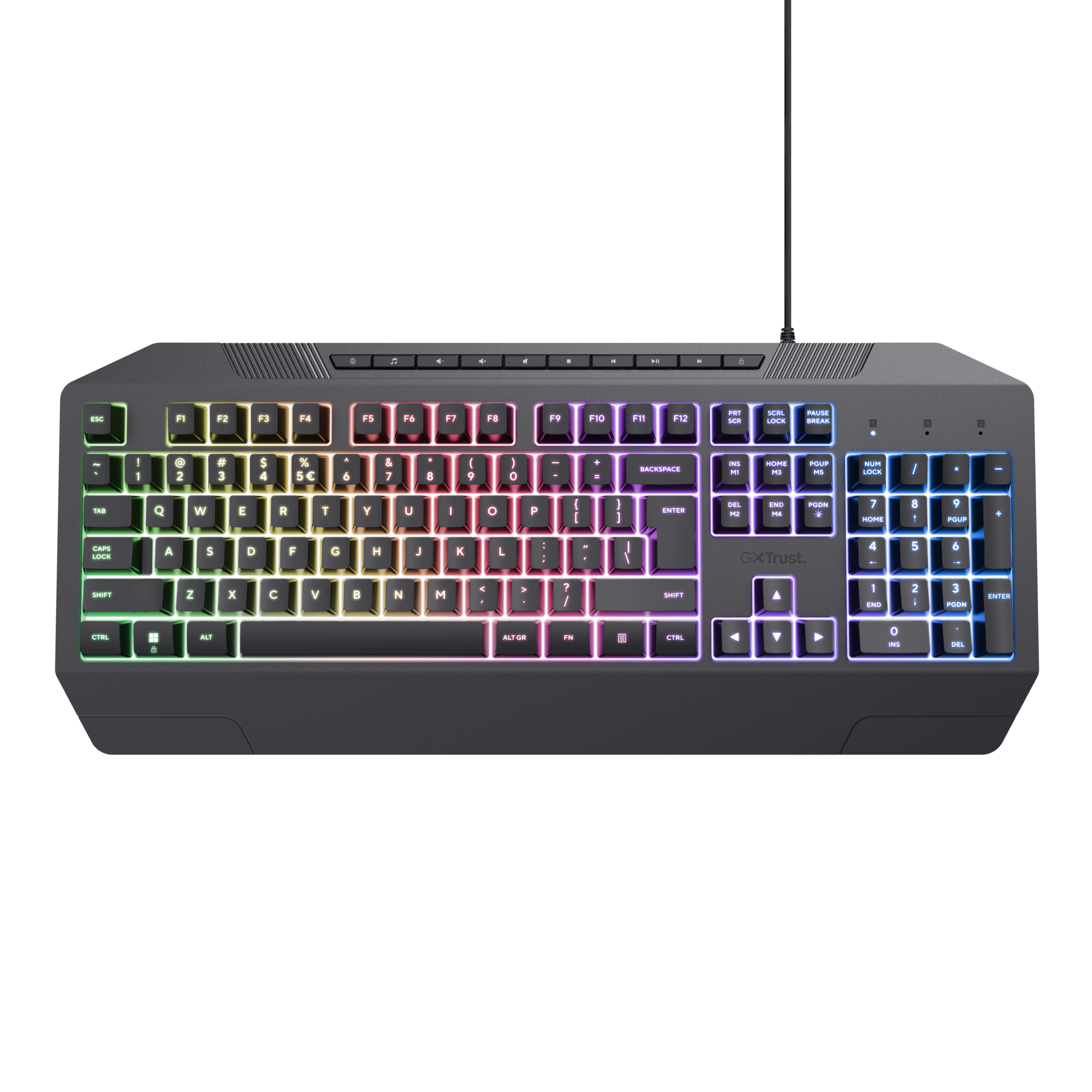 Eine graue mechanische Tastatur mit RGB-Beleuchtung auf schwarzem Hintergrund.