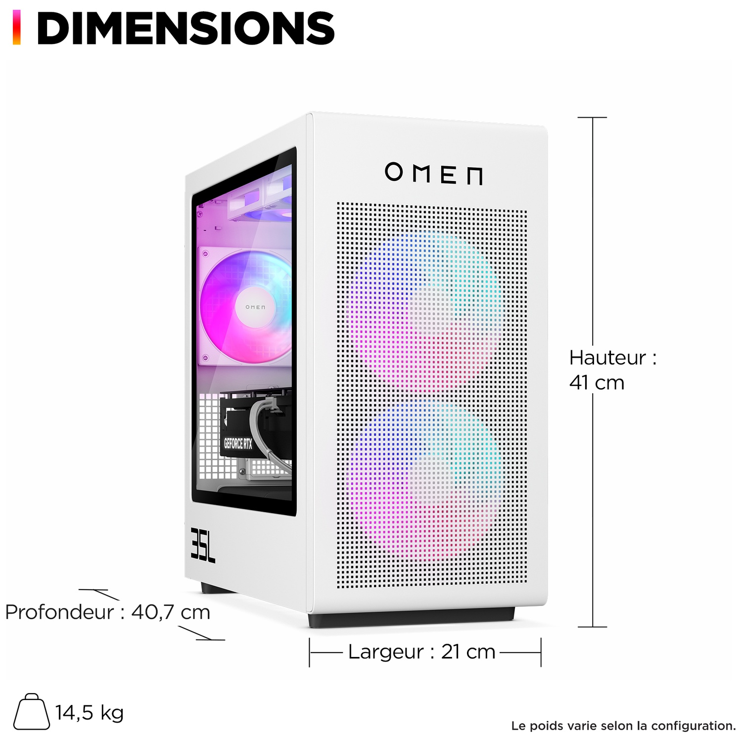 A white OMEN gaming PC case with RGB lighting, 41cm H, 21cm W, 40.7cm D, 14.5kg.