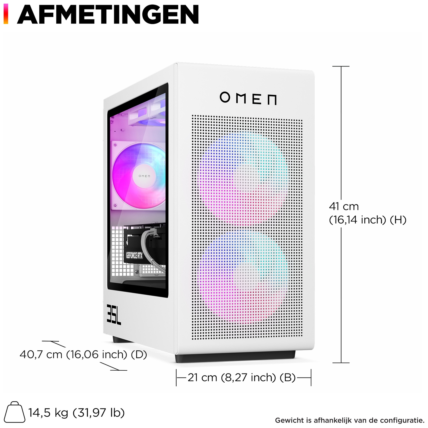 White OMEN PC tower with RGB fan and dimensions: H 41 cm, W 21 cm, D 40.7 cm, 14.5 kg.