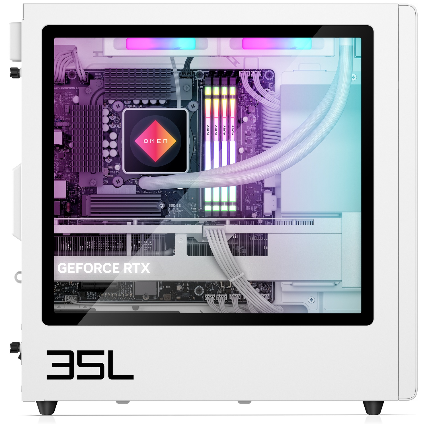 A white PC case with a transparent side panel, showing an RTX graphics card.