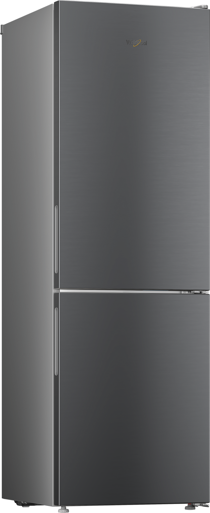 Szara lodówka z srebrnymi uchwytami i logo Whirlpool.