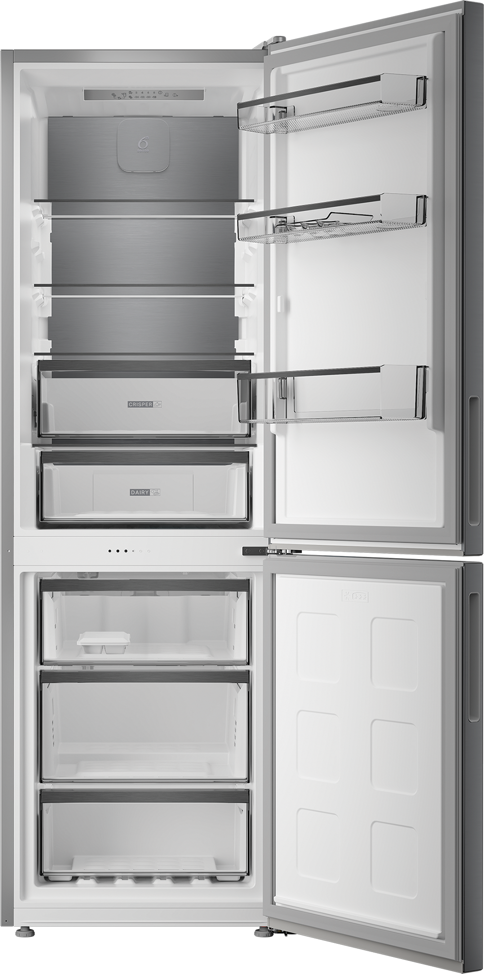 Otwarta lodówka z wieloma półkami, szufladami i schowkami w drzwiach.