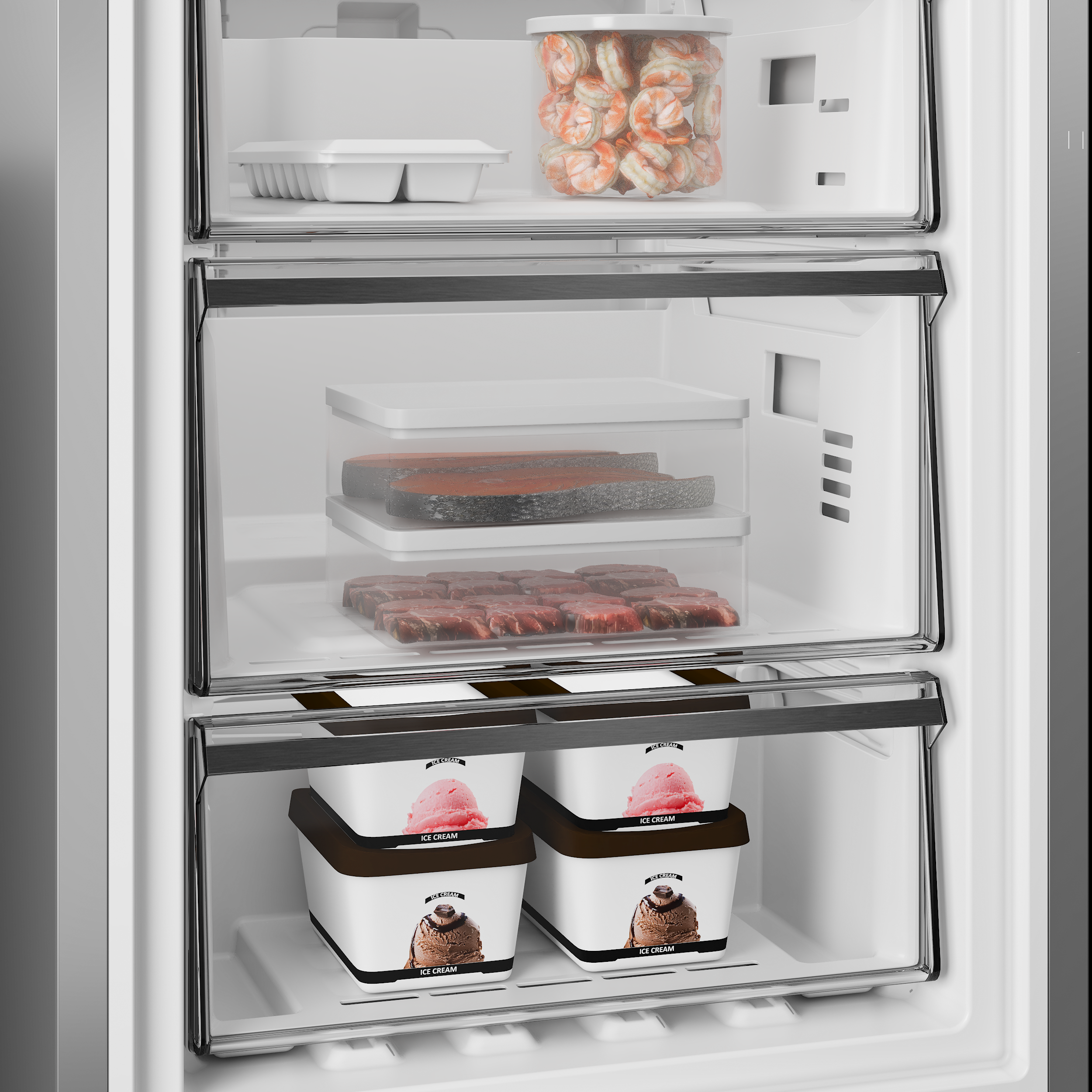 Zamrażarka z krewetkami, rybami, surowym mięsem i lodami.