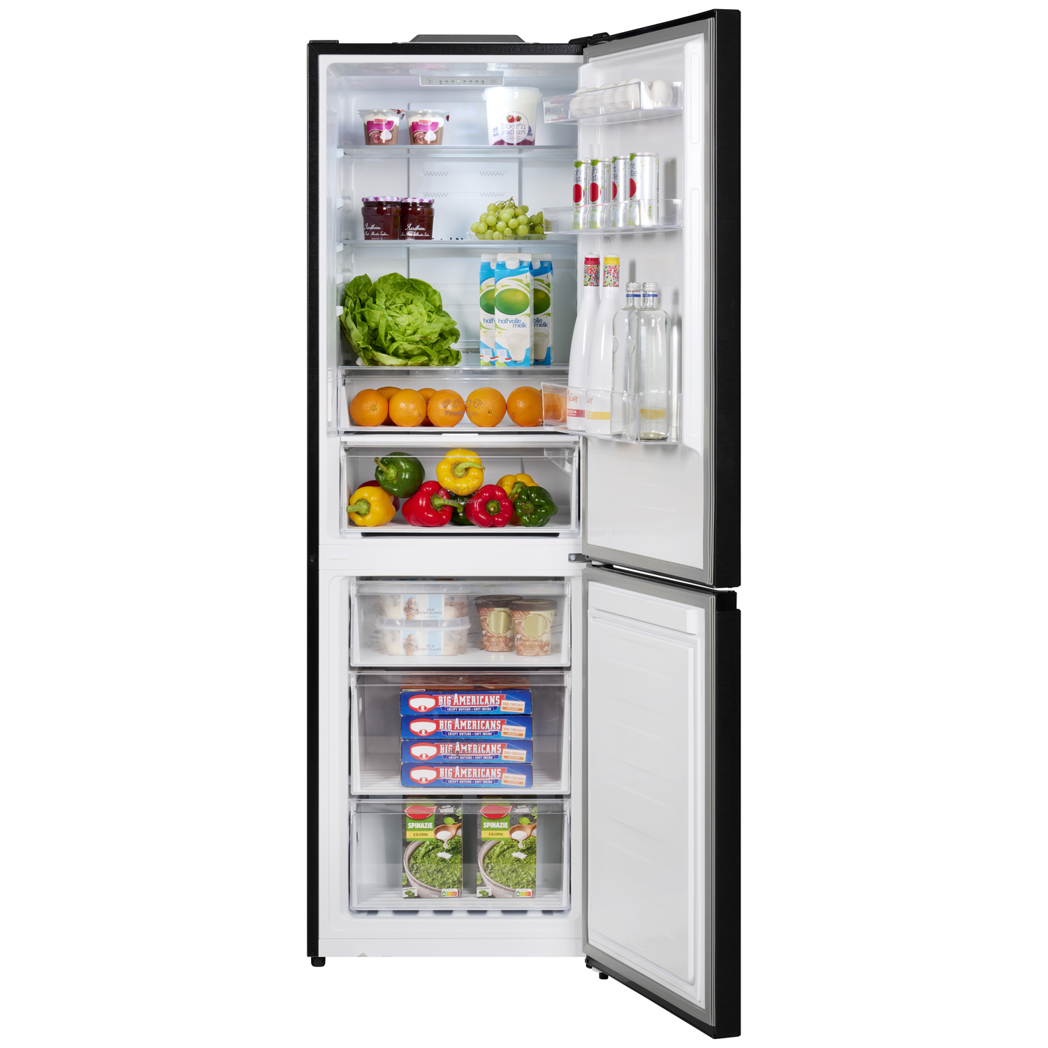 An open black refrigerator stocked with food: fruits, vegetables, milk, and frozen items.