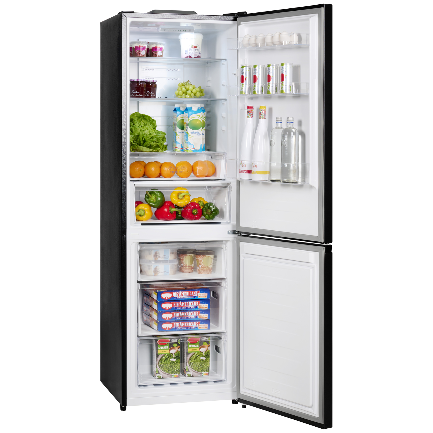 An open refrigerator filled with food: fruit, vegetables, drinks, and frozen items.