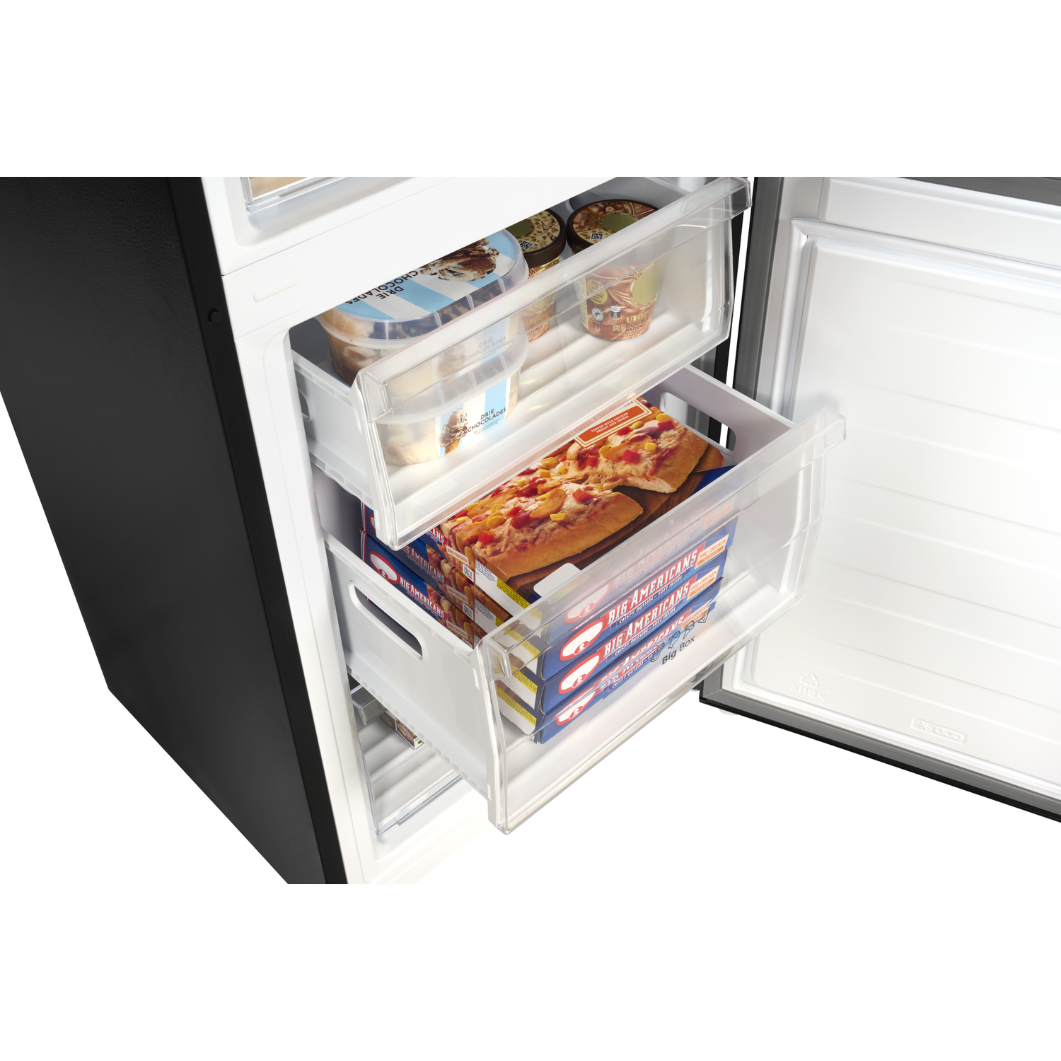 Freezer with ice cream tubs and pizzas in drawers.