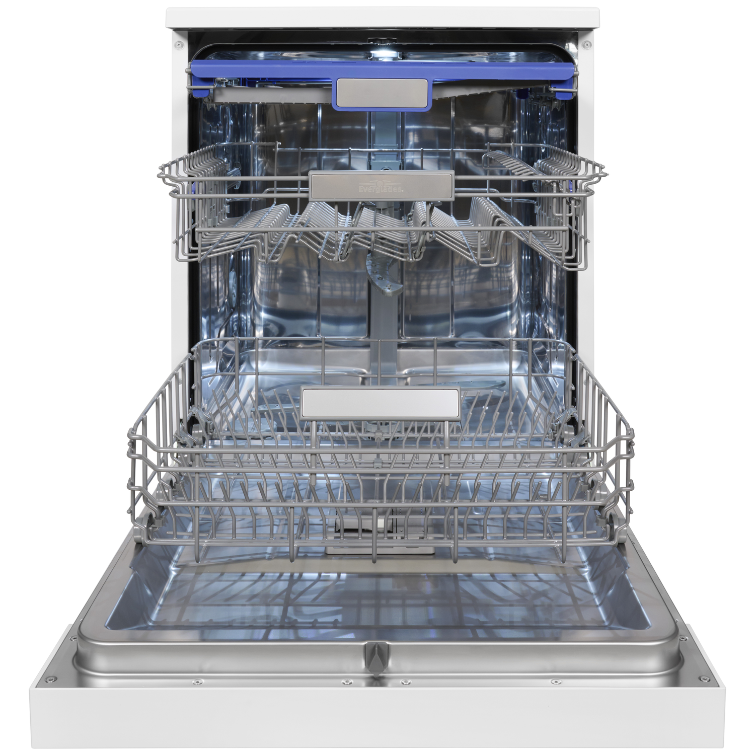 Open white dishwasher with two pulled-out racks, silver and blue accents.